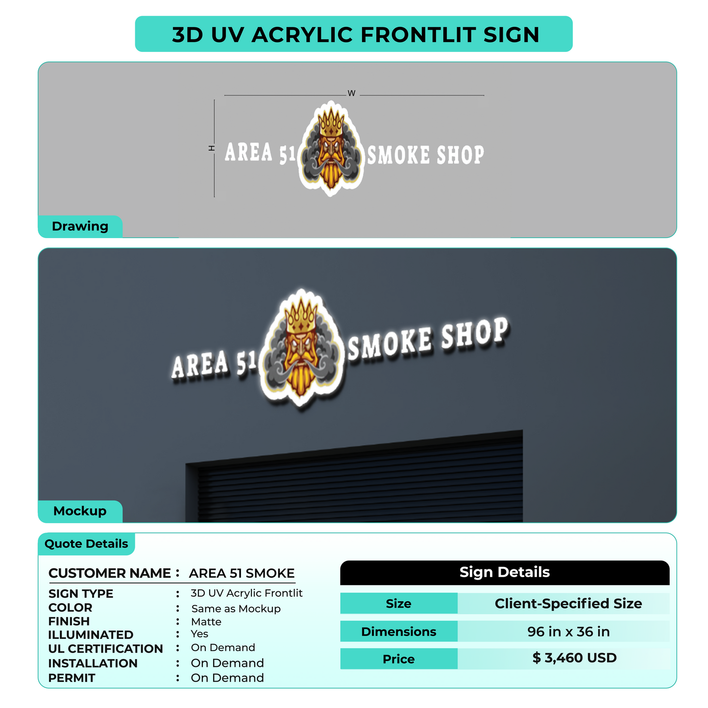 3D UV Acrylic Frontlit Sign for AREA 51 SMOKE