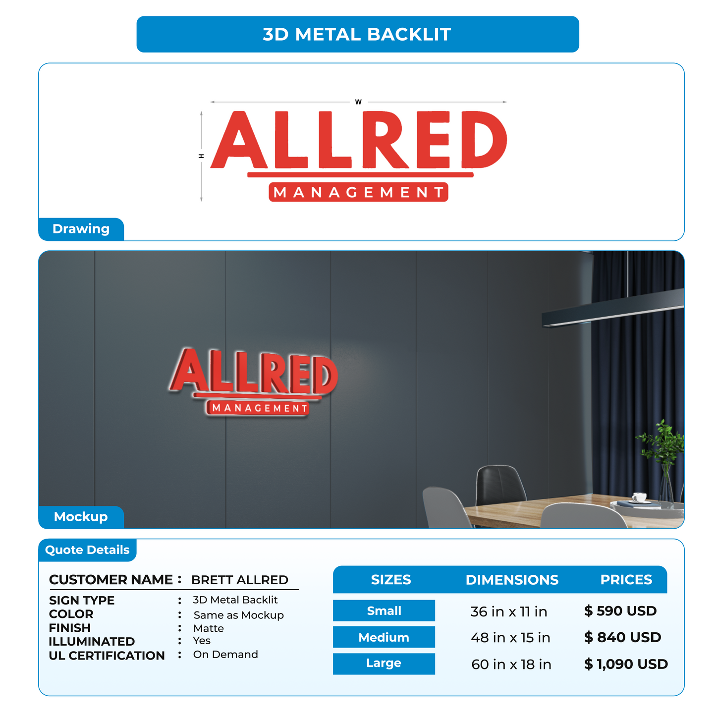 3D Metal Back-lit Sign For BRETT ALLRED