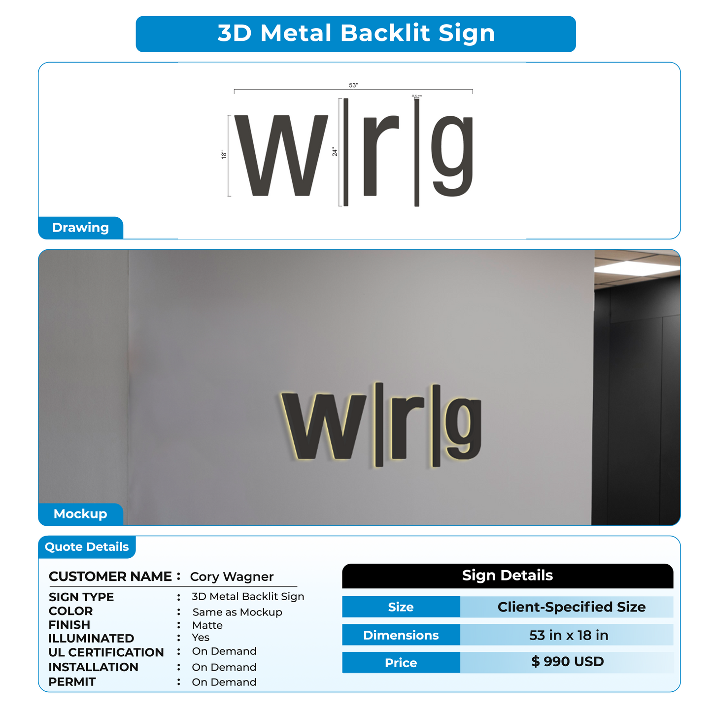 Custom sign for Cory Wagner