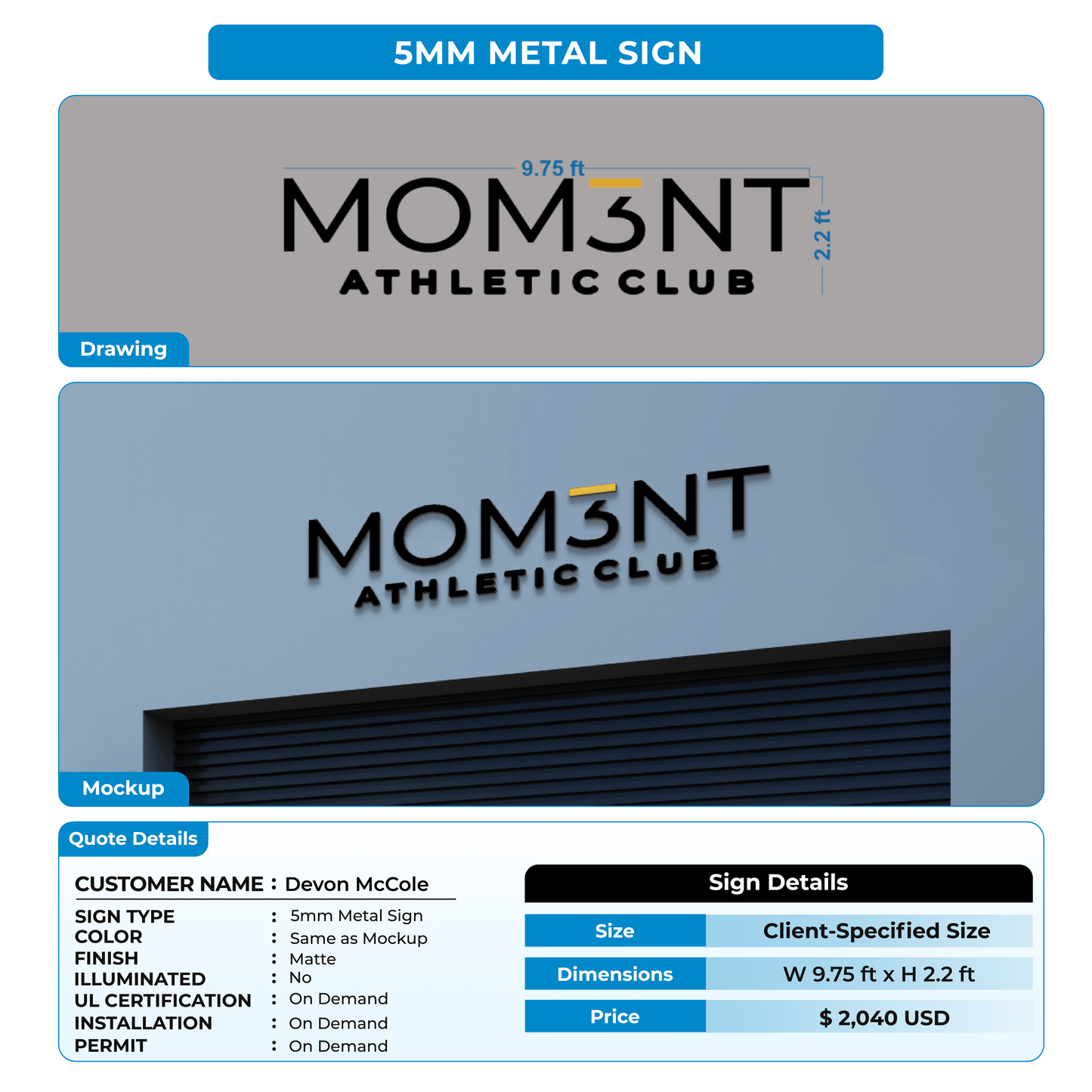 5MM Metal Signs for Devon McCole