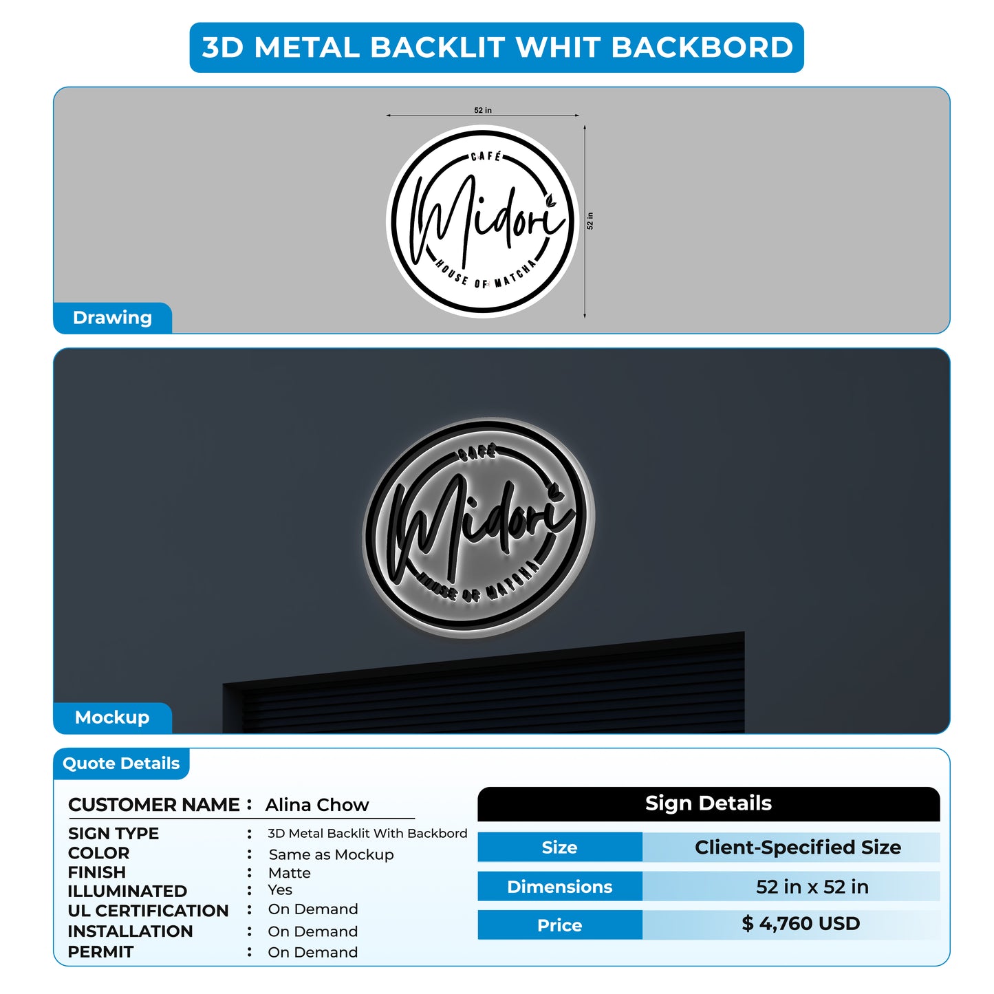 3d metal backlit sign With Board for Alina Chow