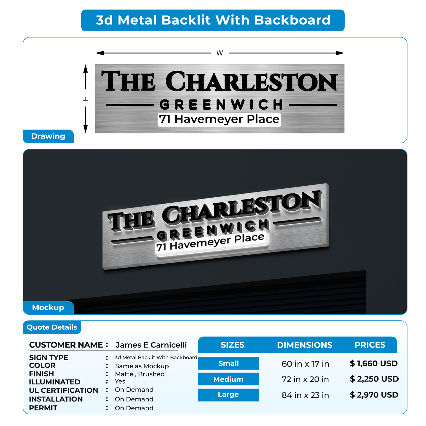 3d metal backlit with backboard for James E Carnicelli