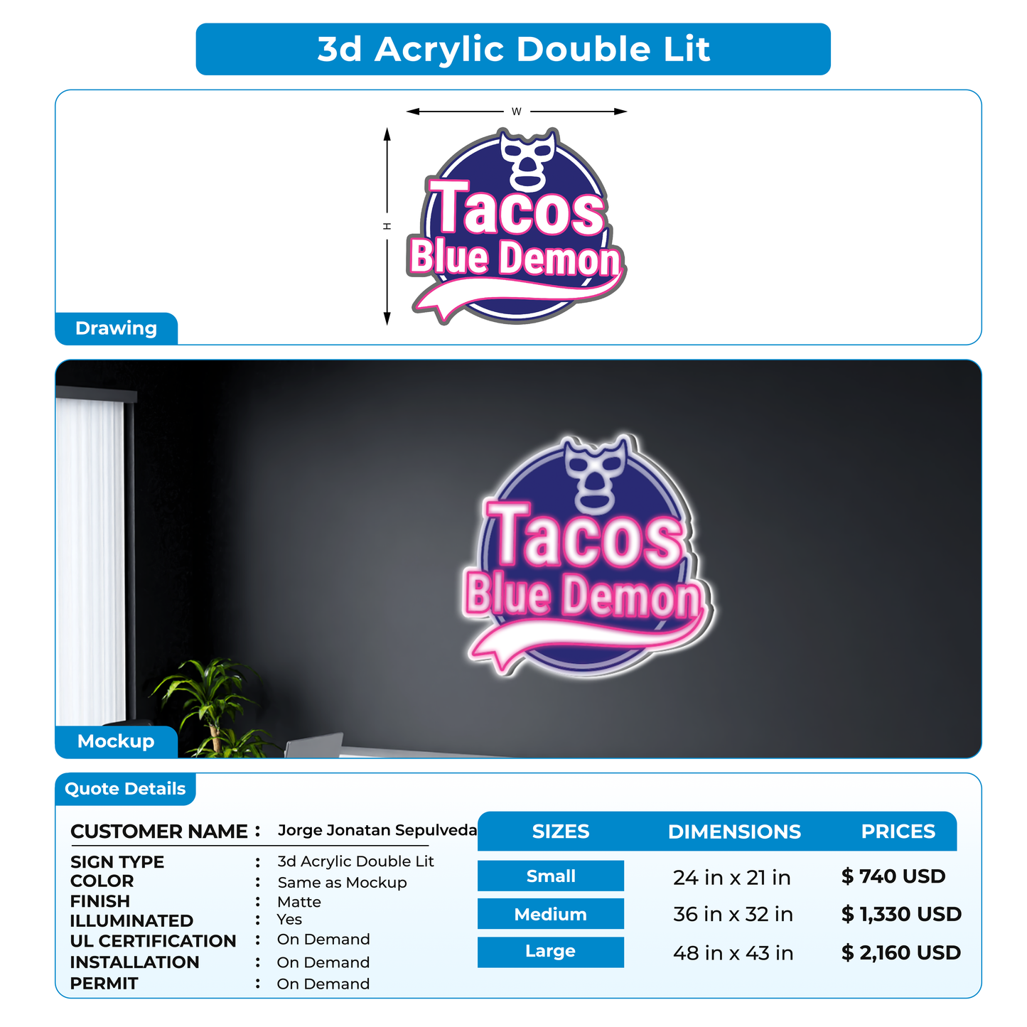3D Acrylic Double-Lit Sign for Jorge Jonatan Sepulveda