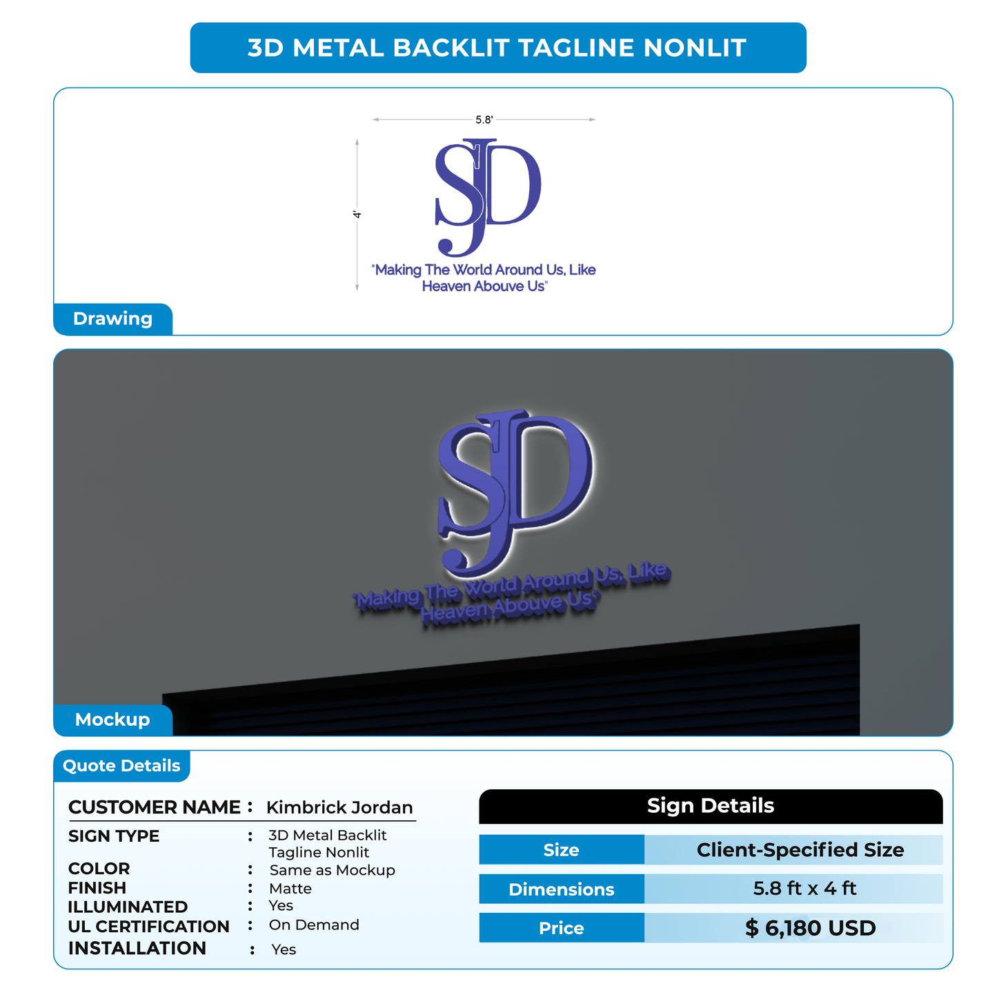 3D Metal Back-lit tagline nonlit For Kimbrick Jordan
