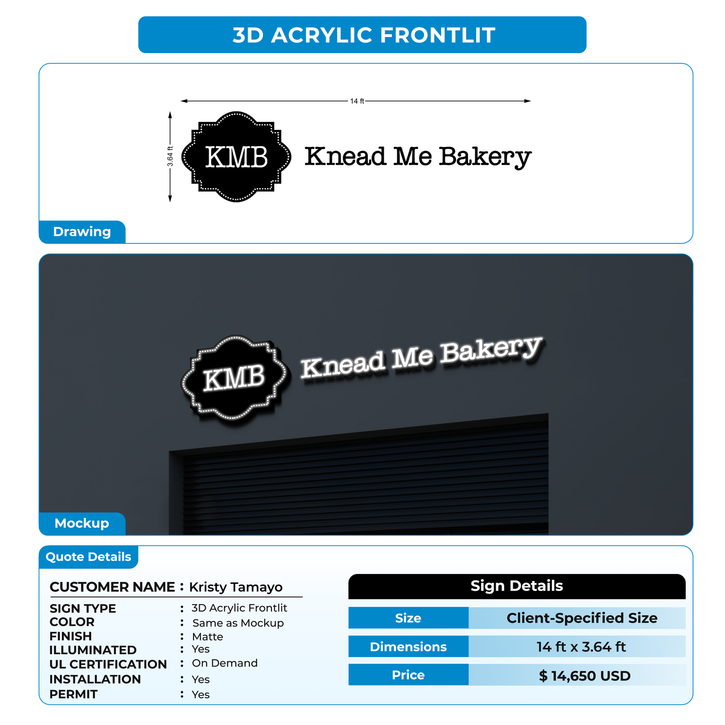 3D Acrylic Frontit Sign for Kristy Tamayo