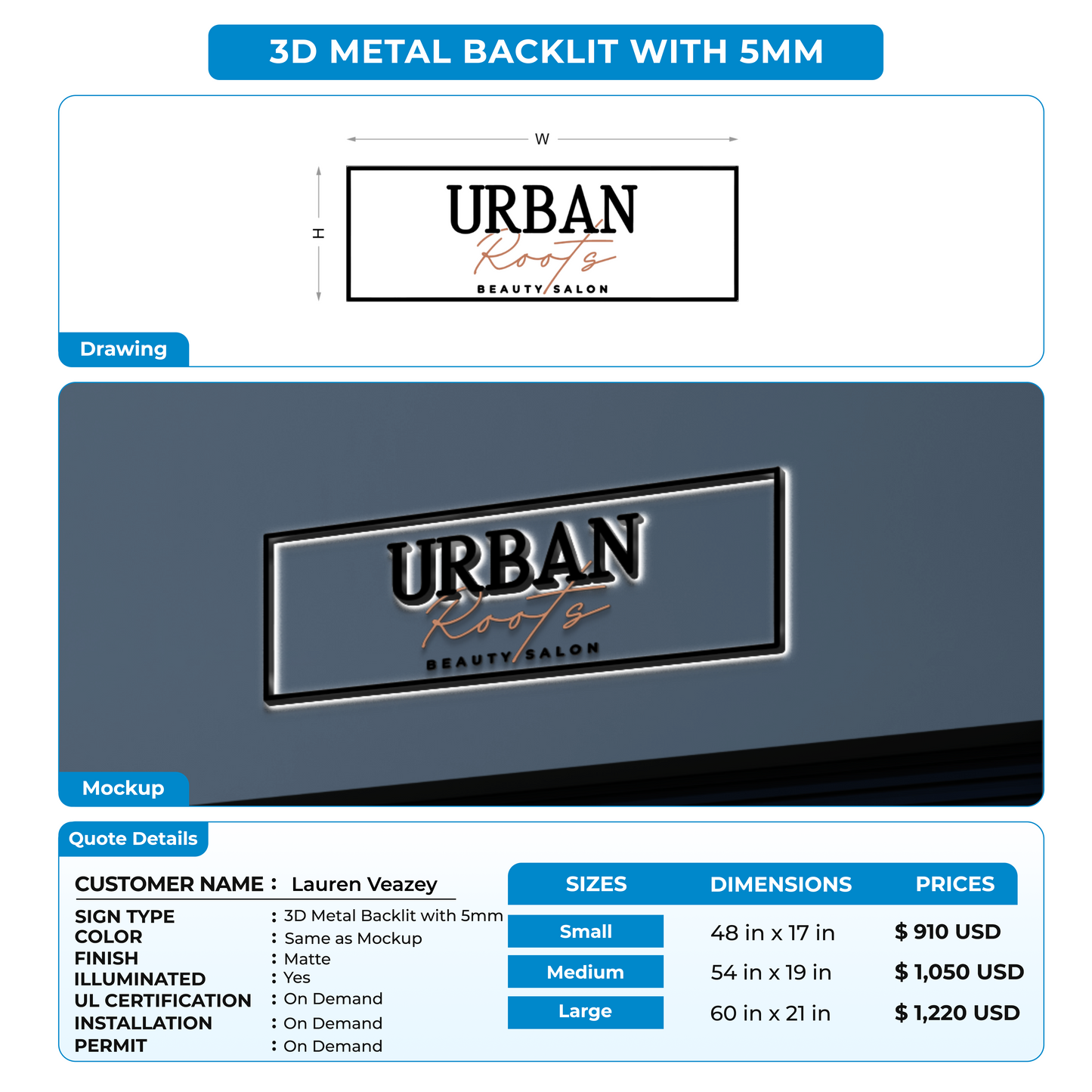 3D Metal Backlit with 5mm For Lauren Veazey