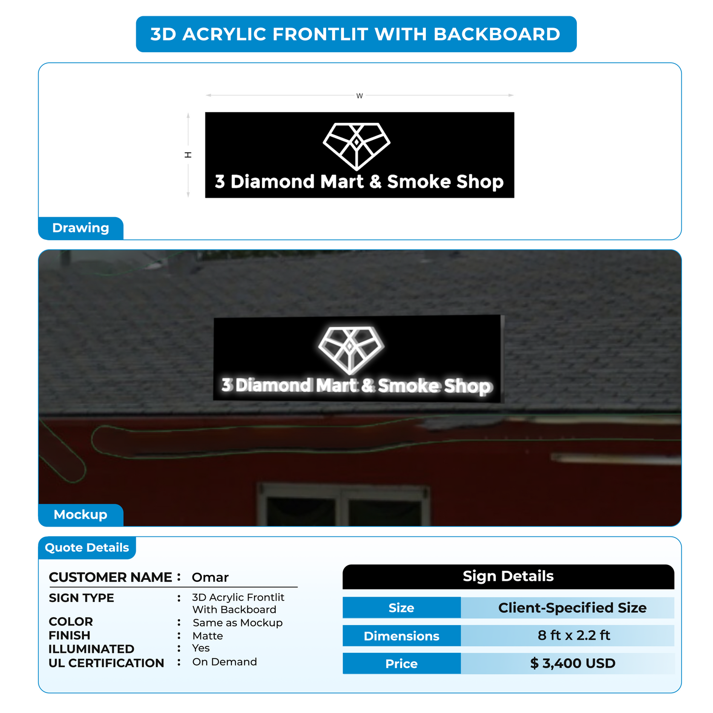 3D Acrylic Frontlit With Backboard For Omar