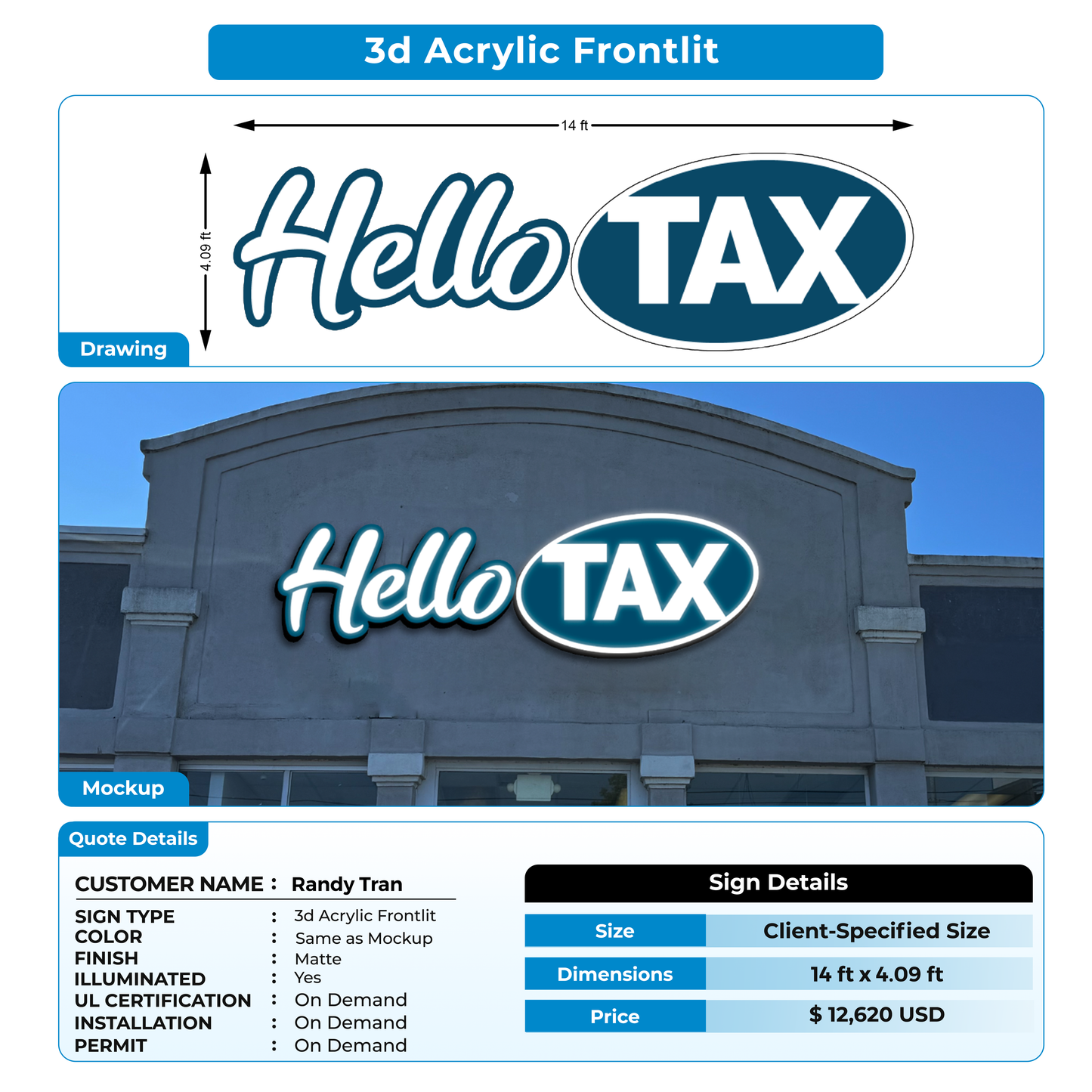 3D Acrylic frontlit Sign for Randy Tran
