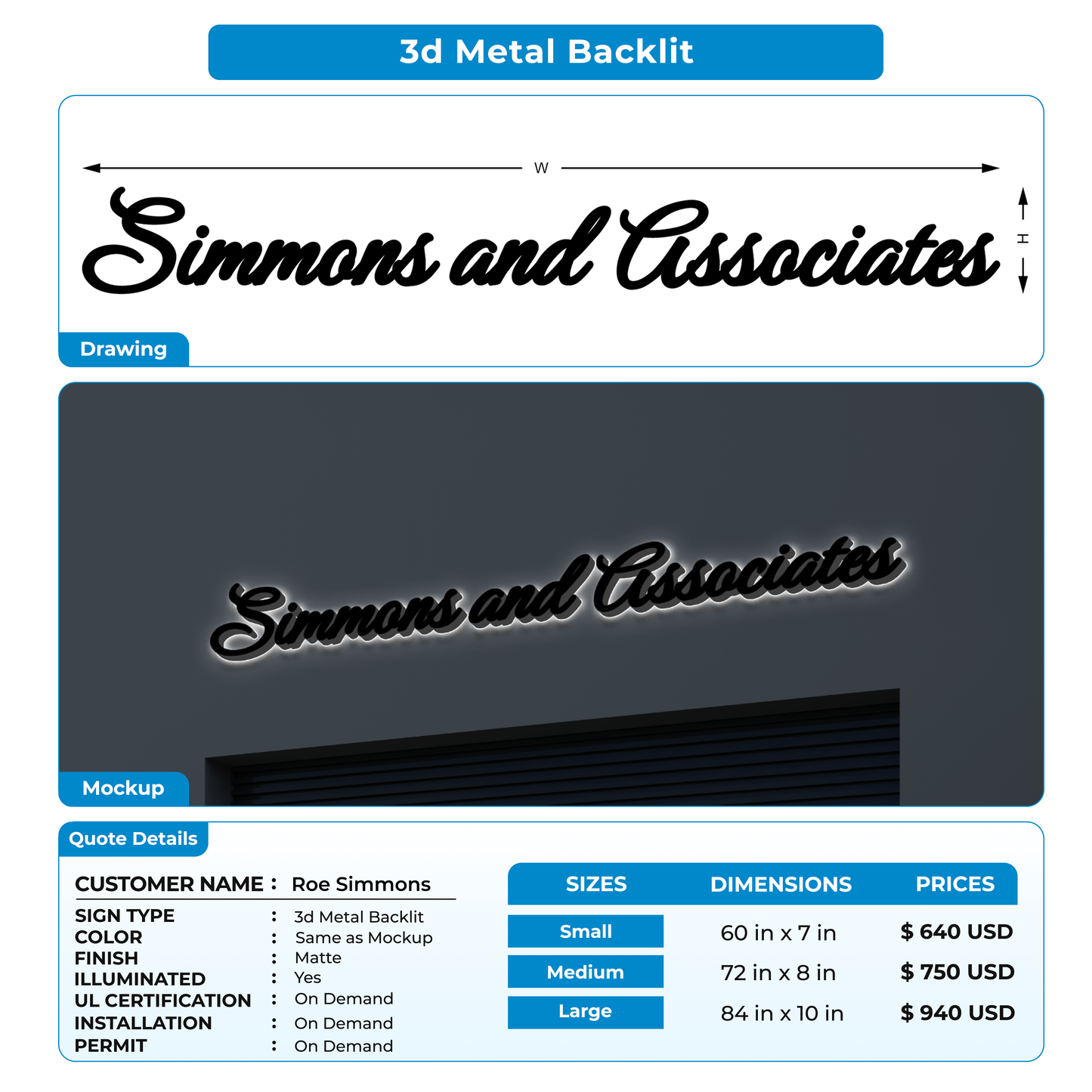 3d metal backlit for Roe Simmons