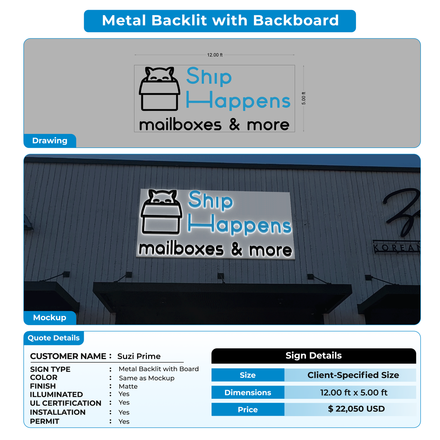 3d metal backlit sign with backboard for Suzi Prime