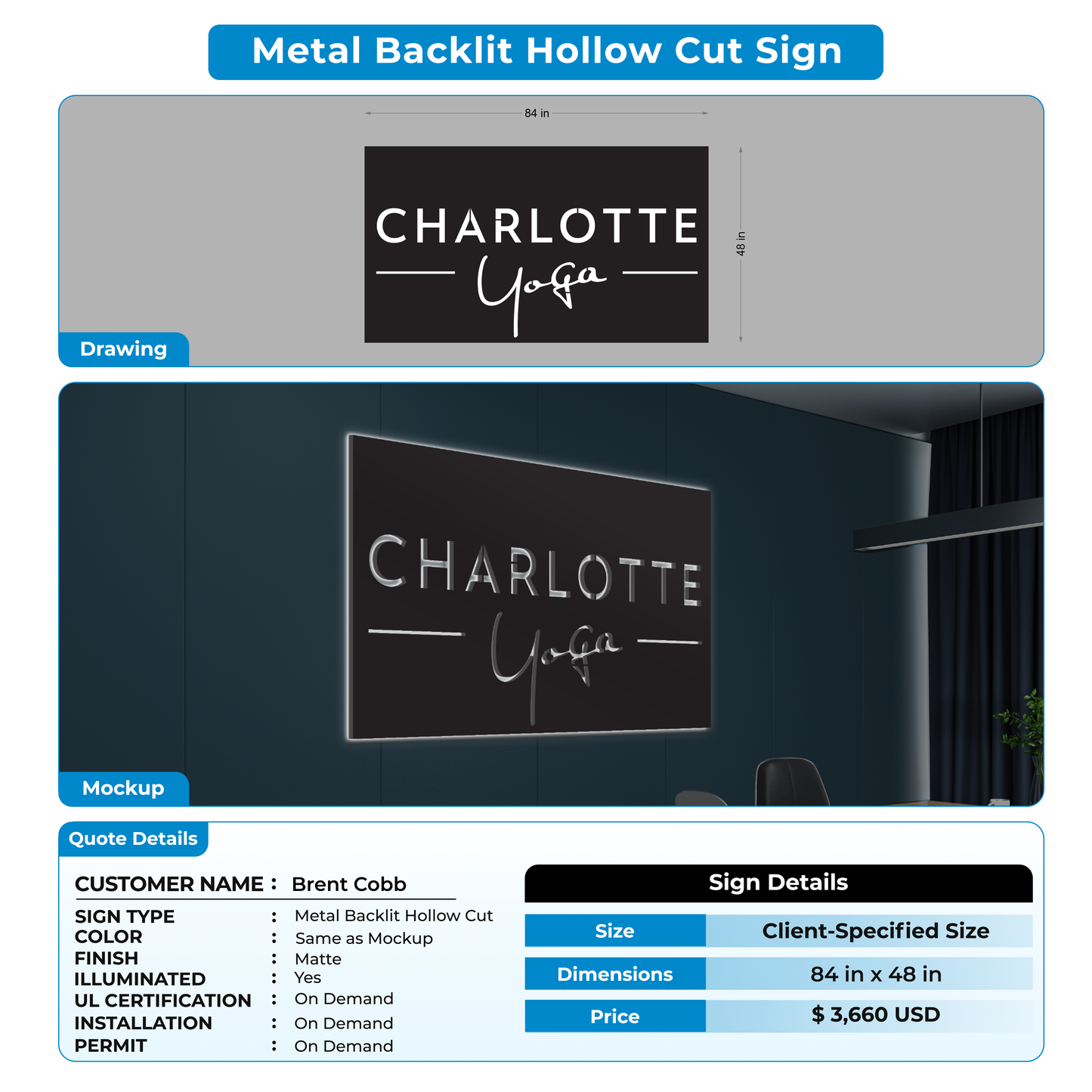 3D Metal Backlit Hollow Cut sign for Brent Cobb