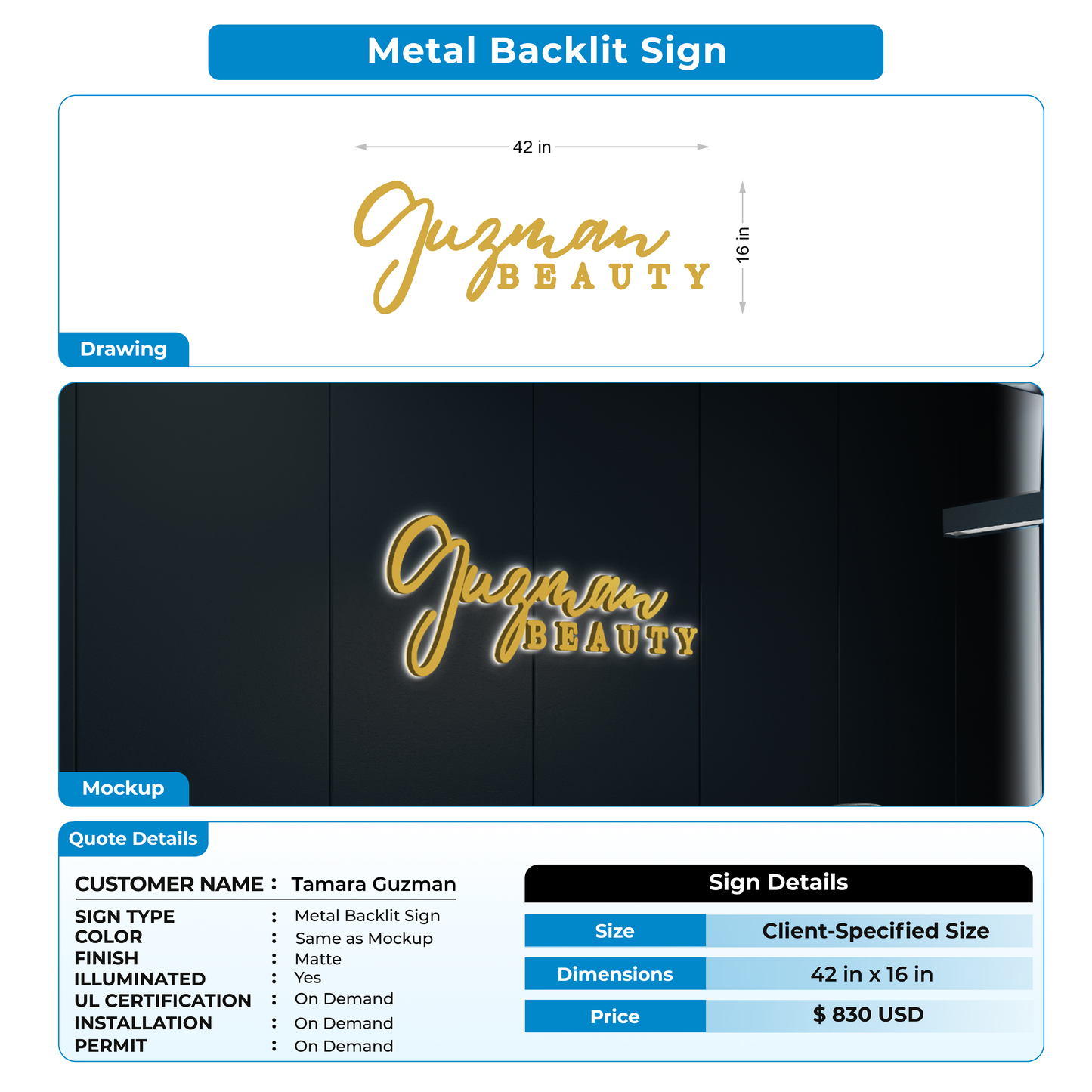 3D Metal backlit sign for Tamara Guzman