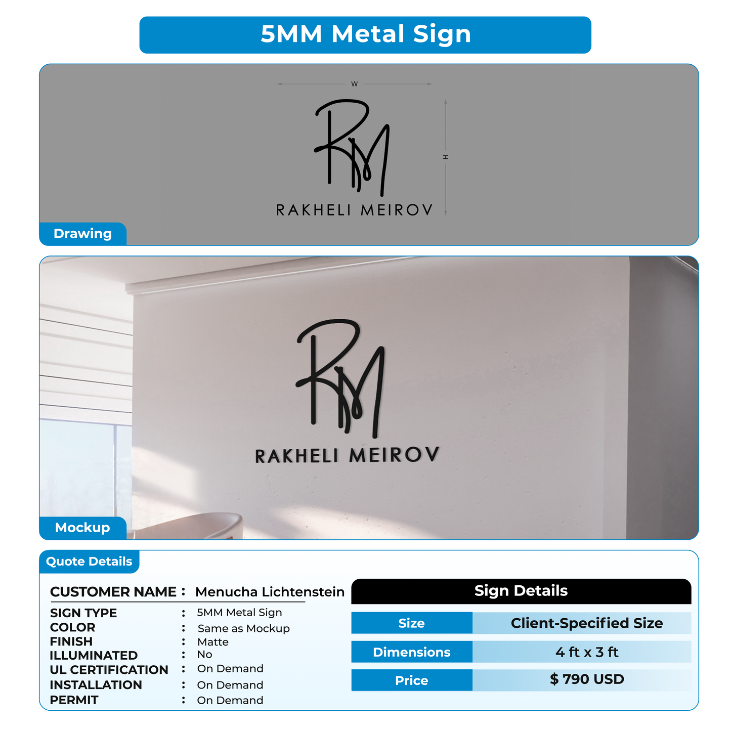 5mm metal sign for Menucha Lichtenstein