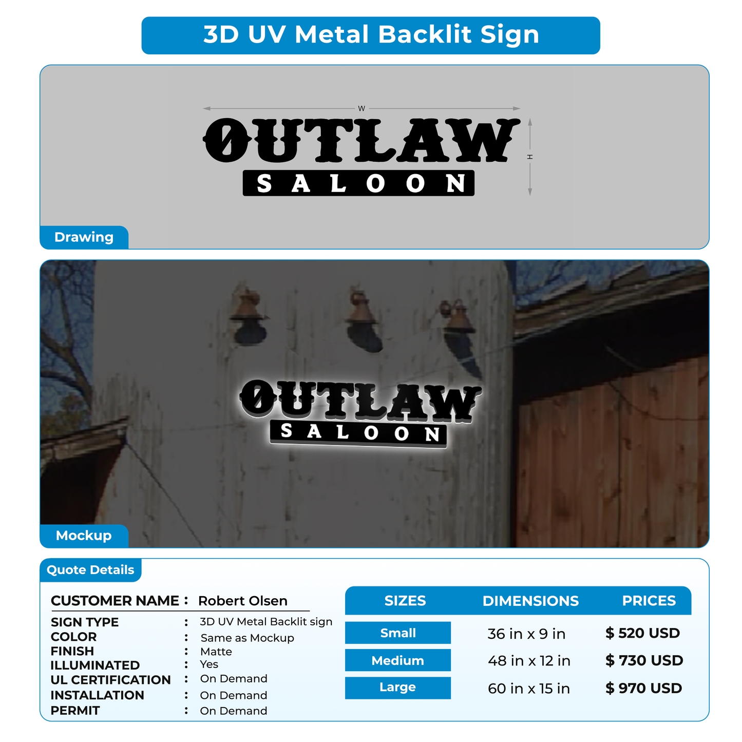 3D UV Metal Back-lit Sign For Robert Olsen