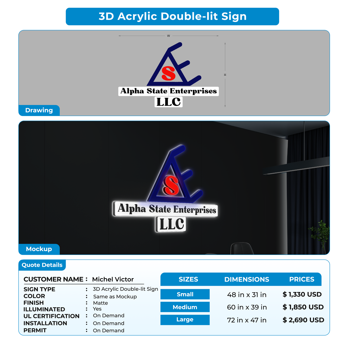 3D Acrylic Double-Lit Sign for Michel Victor