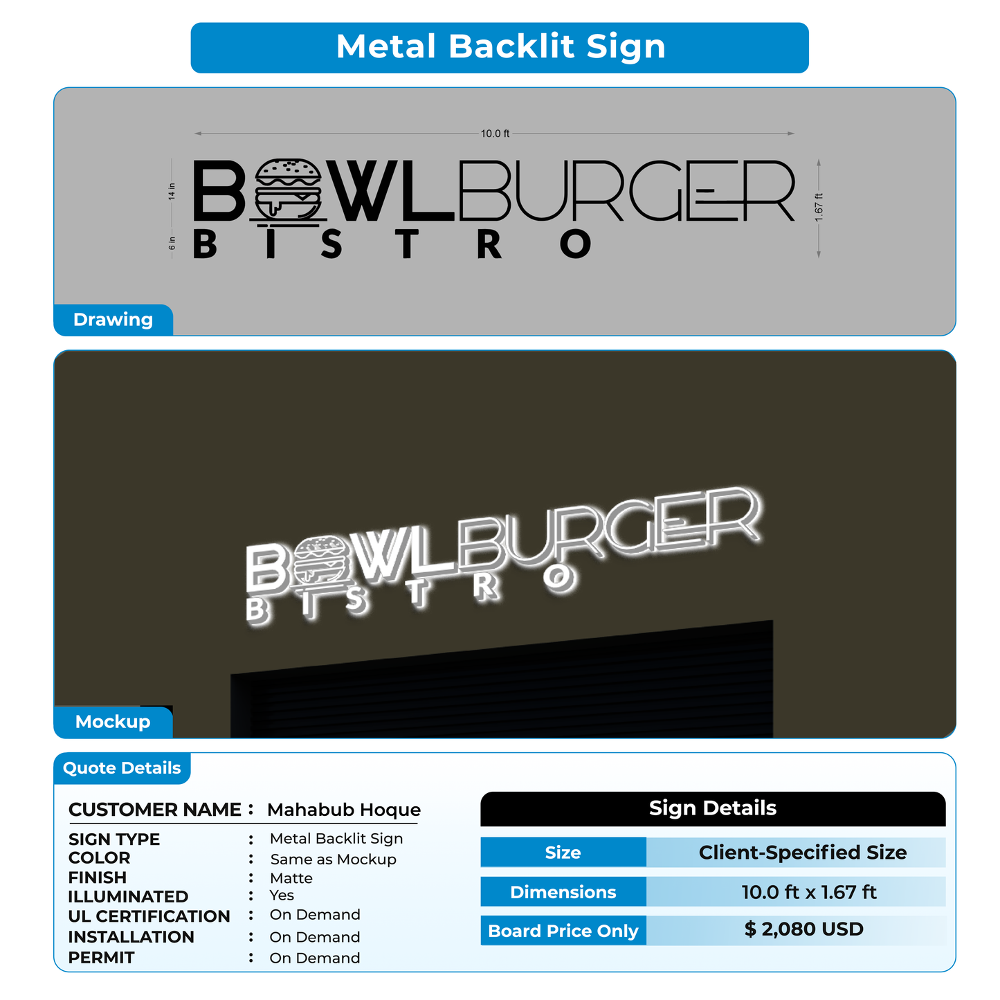 3D Metal Back-lit Sign For Mahabub Hoque