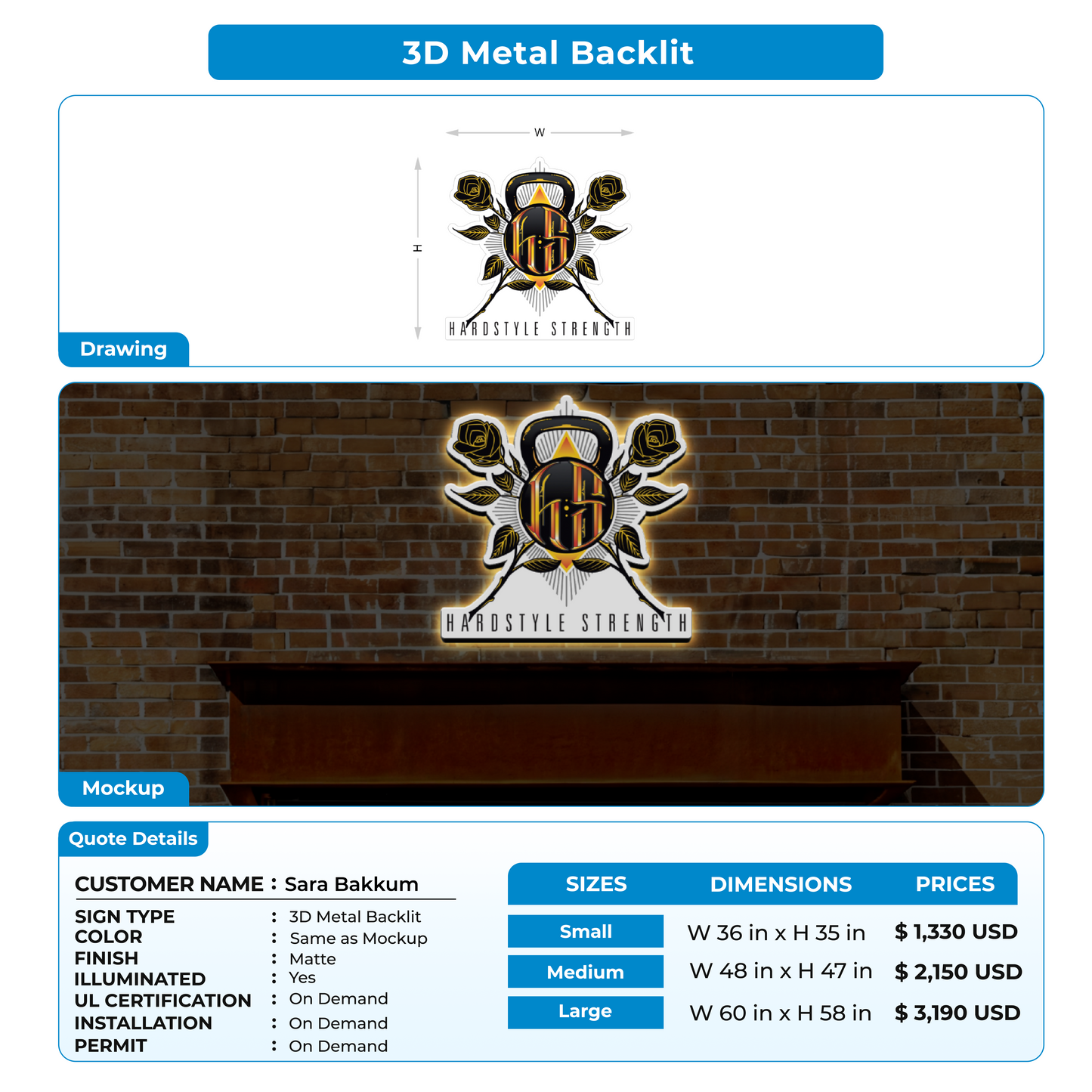 Metal Backlit Sign for Sara Bakkum
