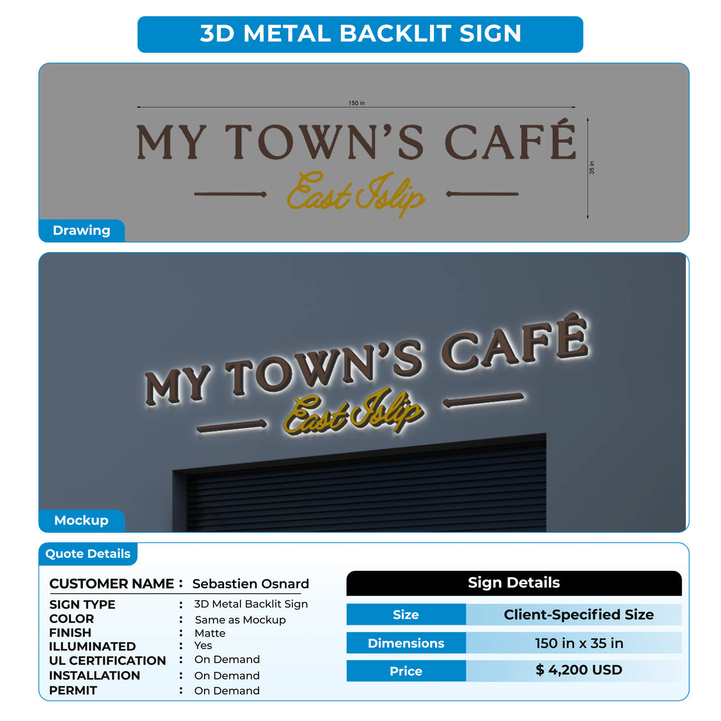 3D metal backlit sign for Sebastien Osnard
