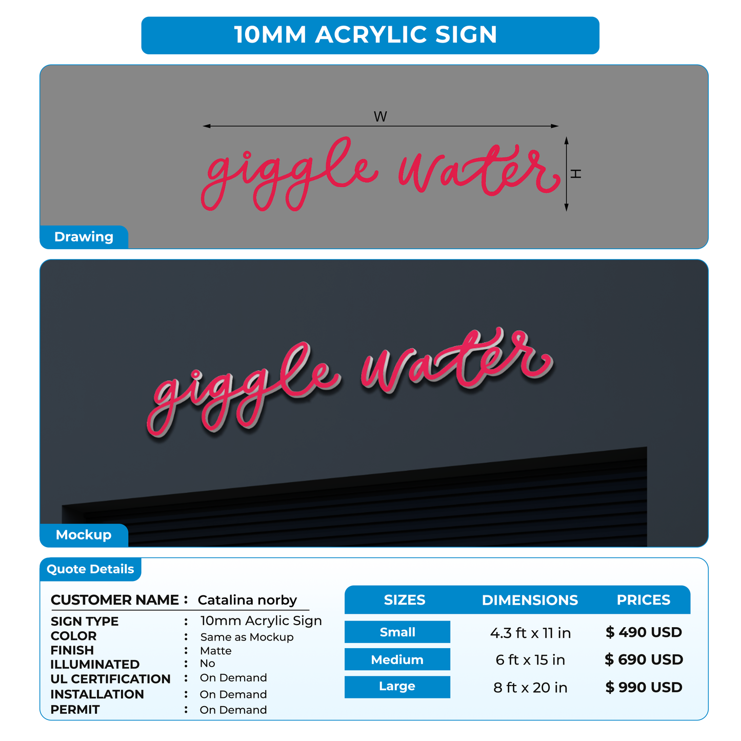 10mm acrylic sign for Catalina norby