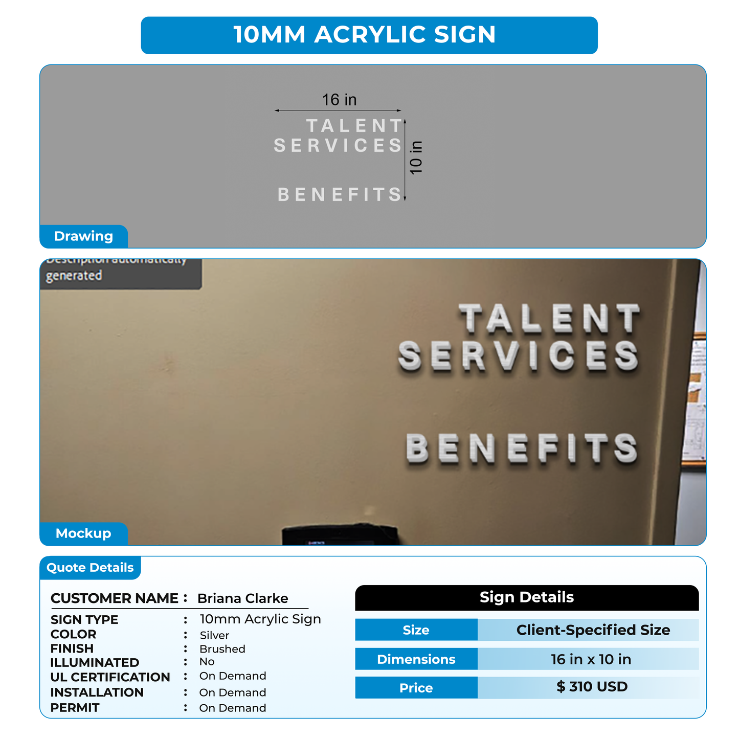 10mm acrylic sign for Briana Clarke