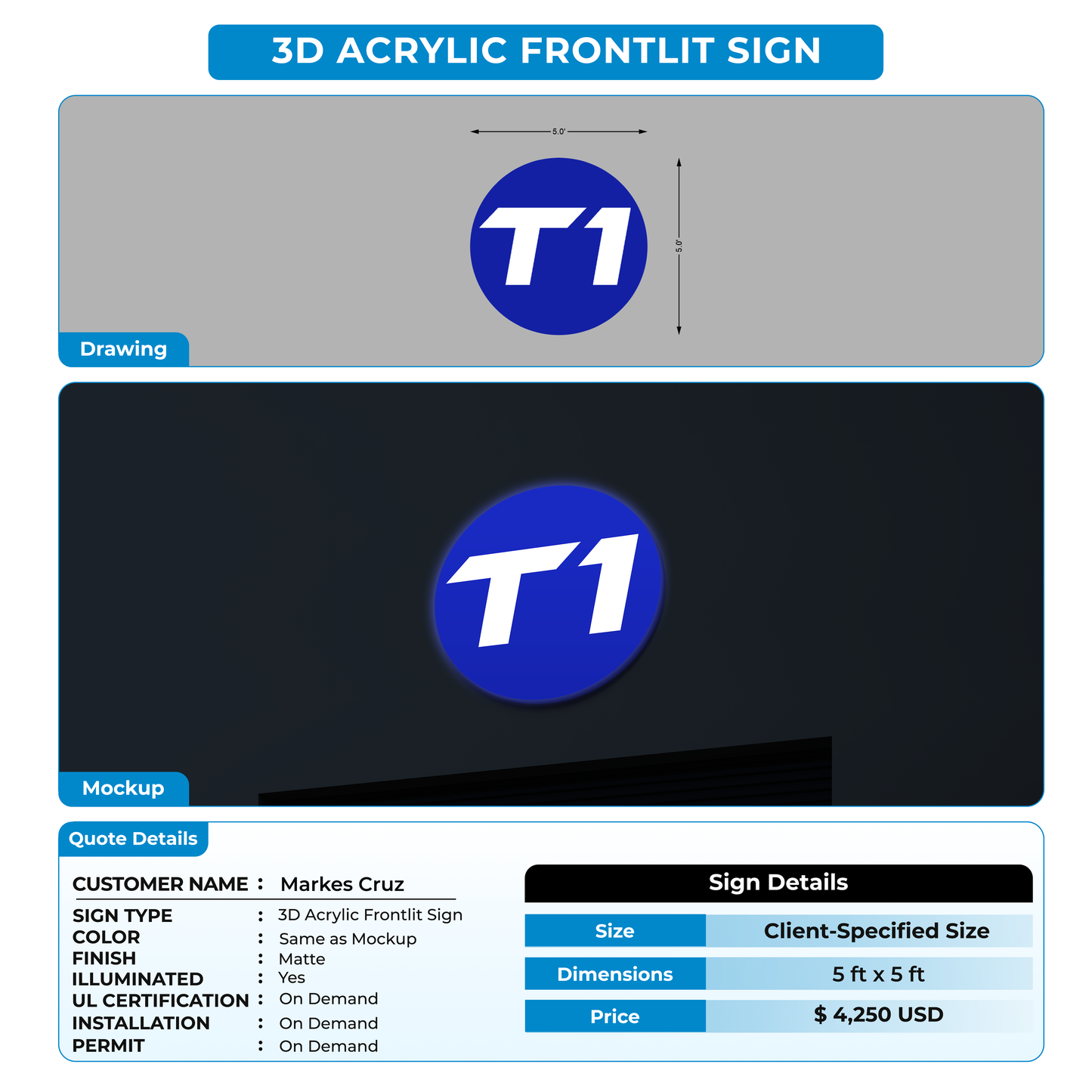 3D Acrylic Front-lit Sign For Markes Cruz