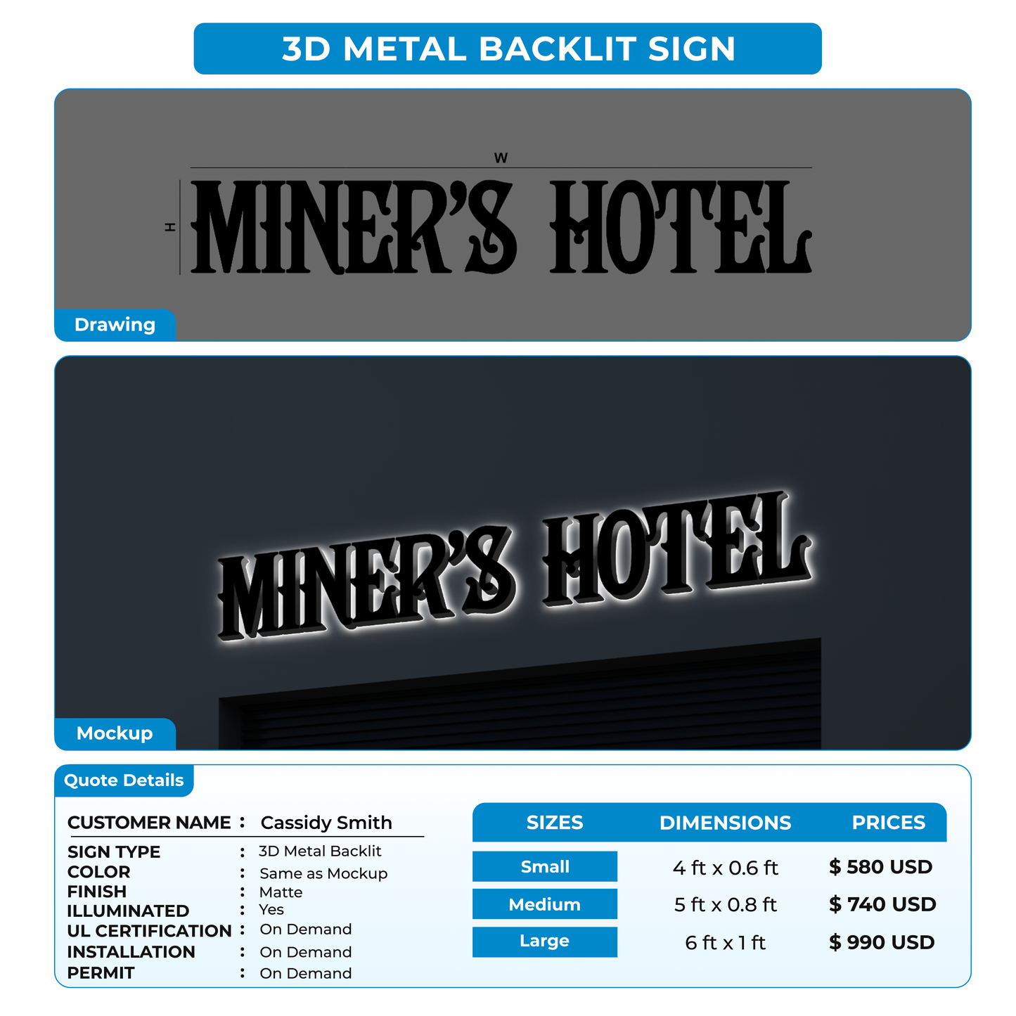 3D Metal Backlit Sign for Cassidy Smith