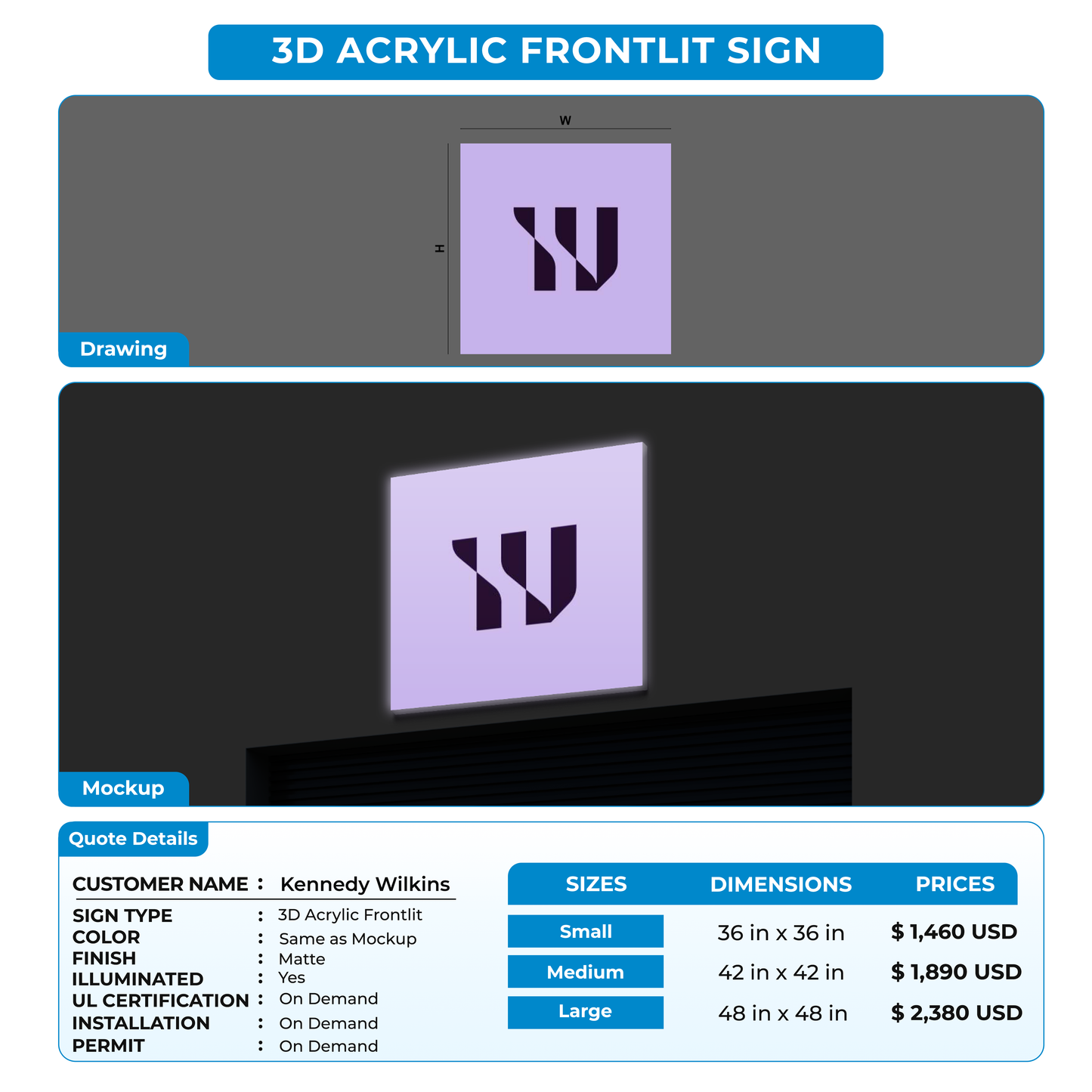 3d acrylic frontlit sign for Kennedy Wilkins