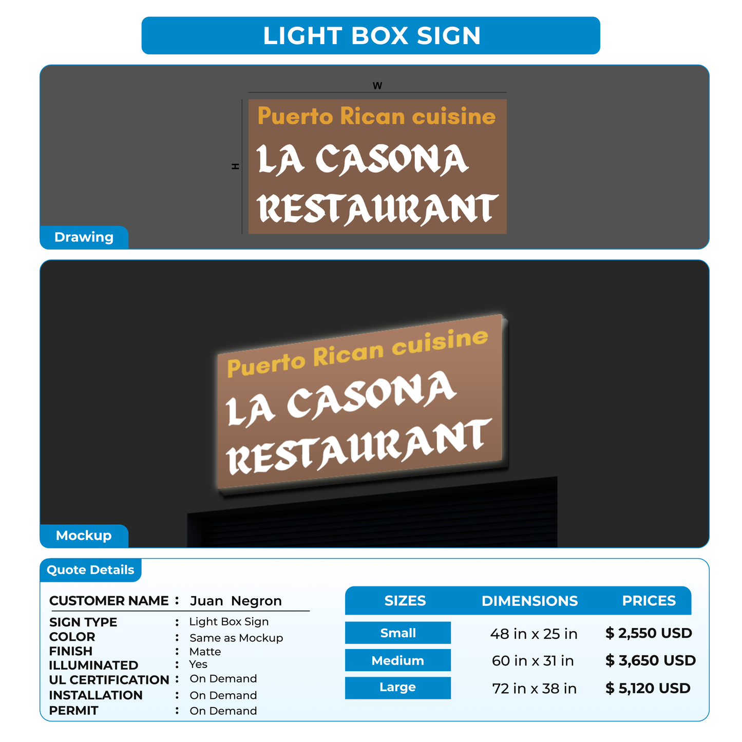 Light Box Sign for Juan Negron