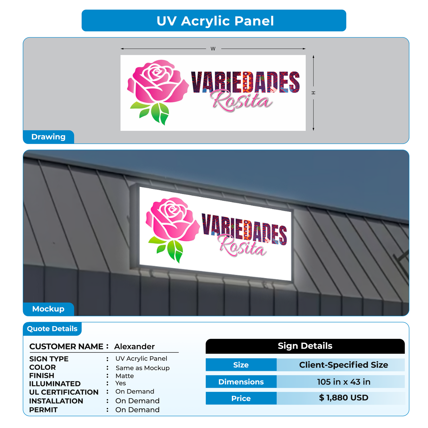 UV acrylic sign for Alexander