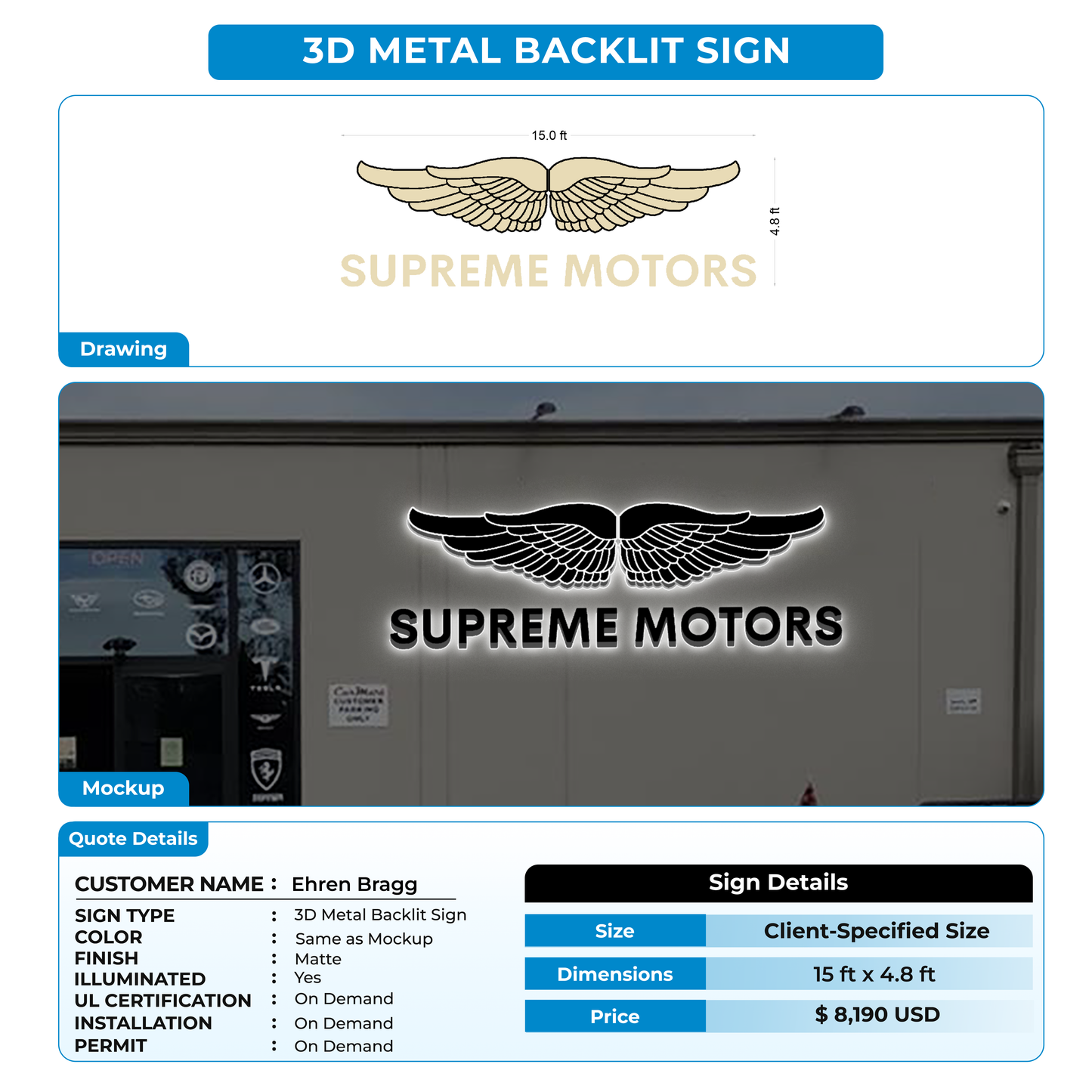 3D Metal Back-lit Signs For Ehren Bragg