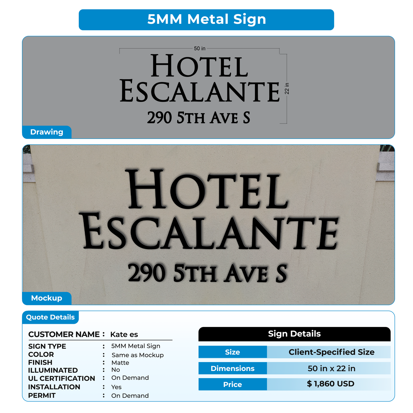 5MM Metal Sign For Kate es