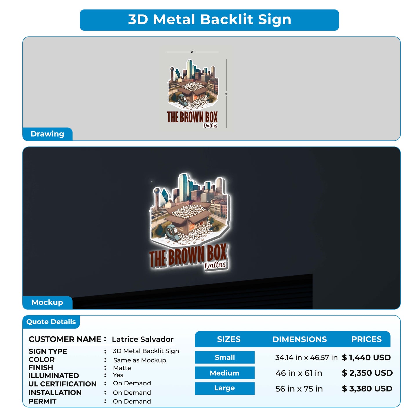 3D Metal Back-lit Sign for Latrice Salvador