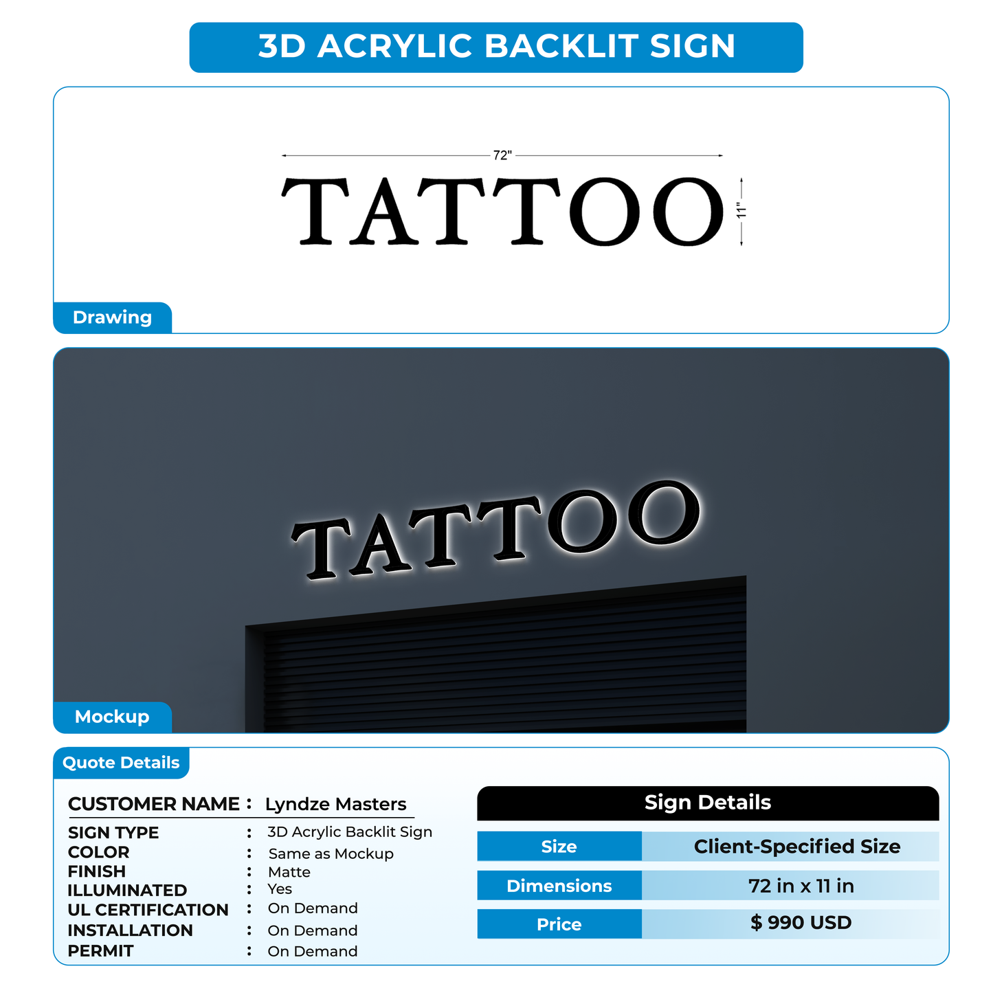 3D Acrylic Back-lit Sign For Lyndze Masters