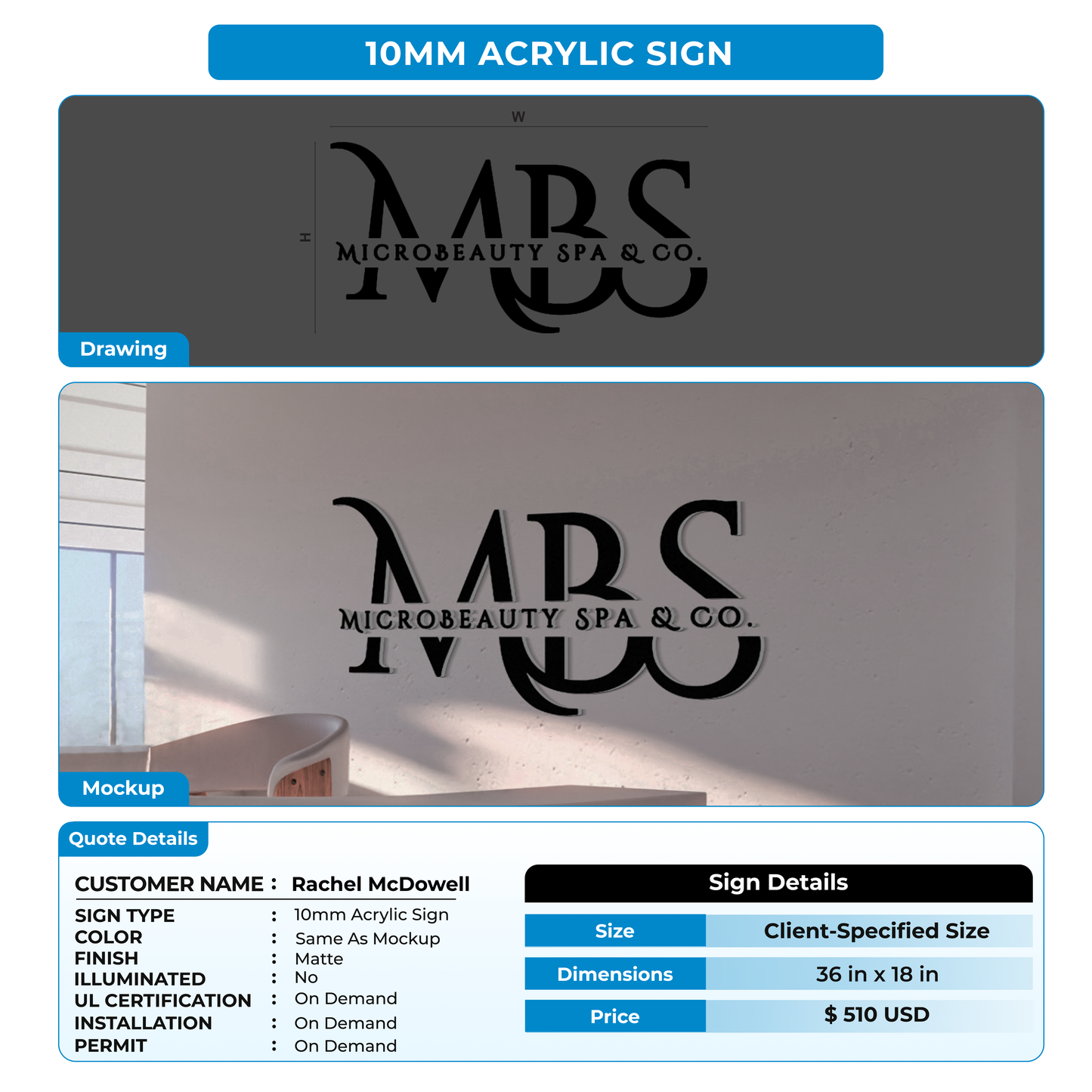 10mm acrylic sign for Rachel McDowell