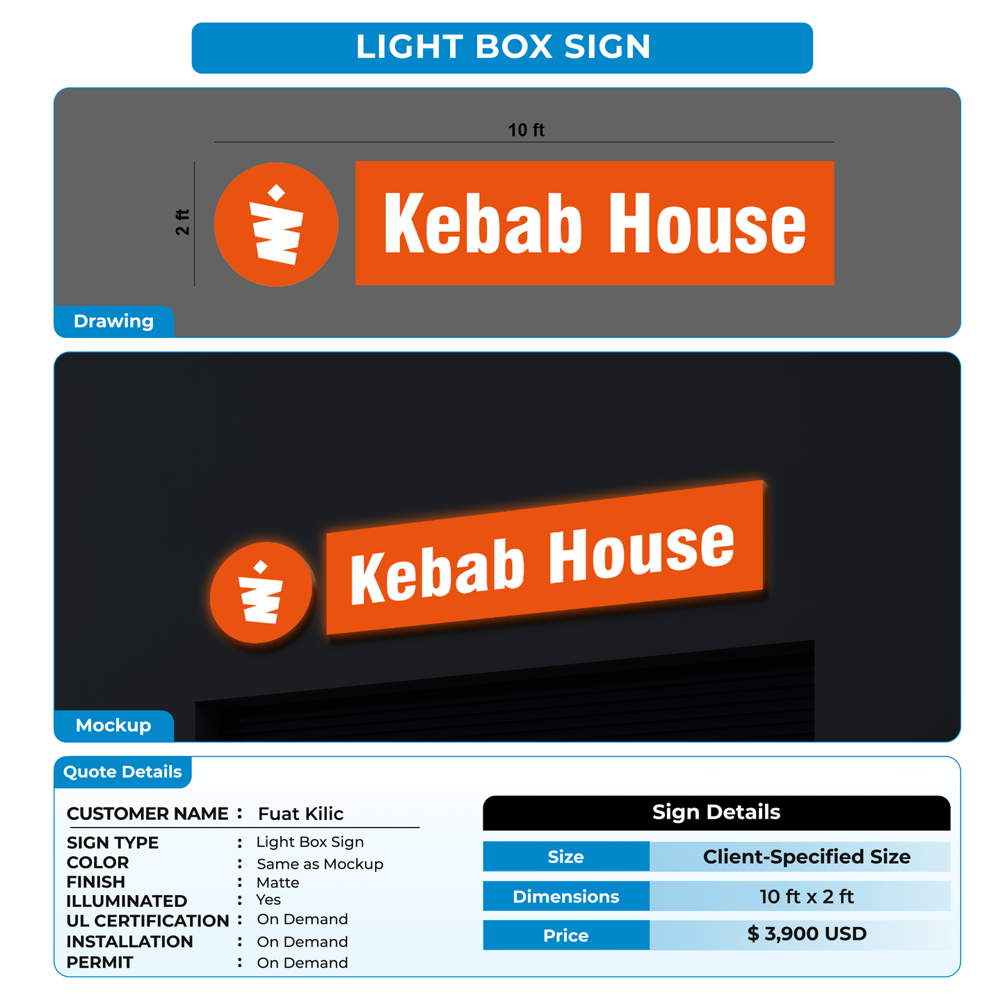 Lightbox sign for Fuat Kilic