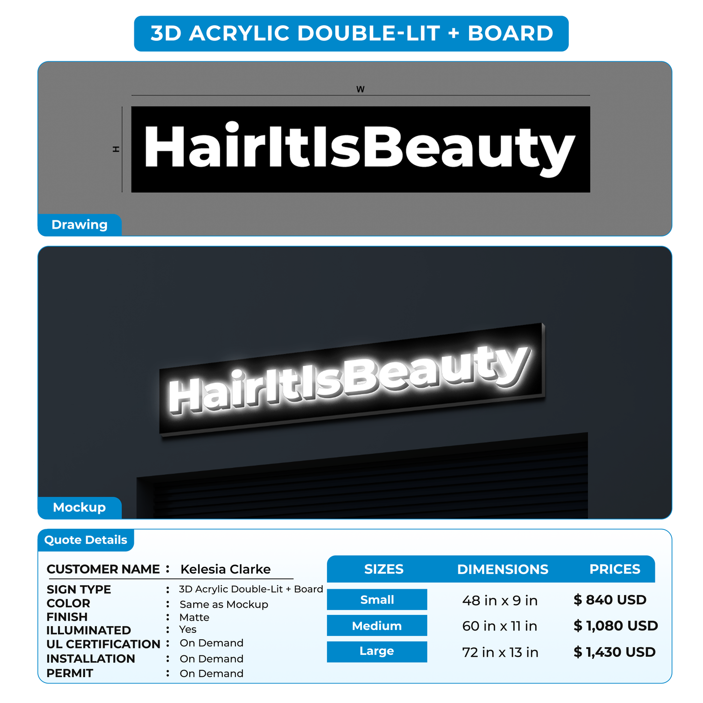 3d acrylic doublelit with backboard for Kelesia Clarke