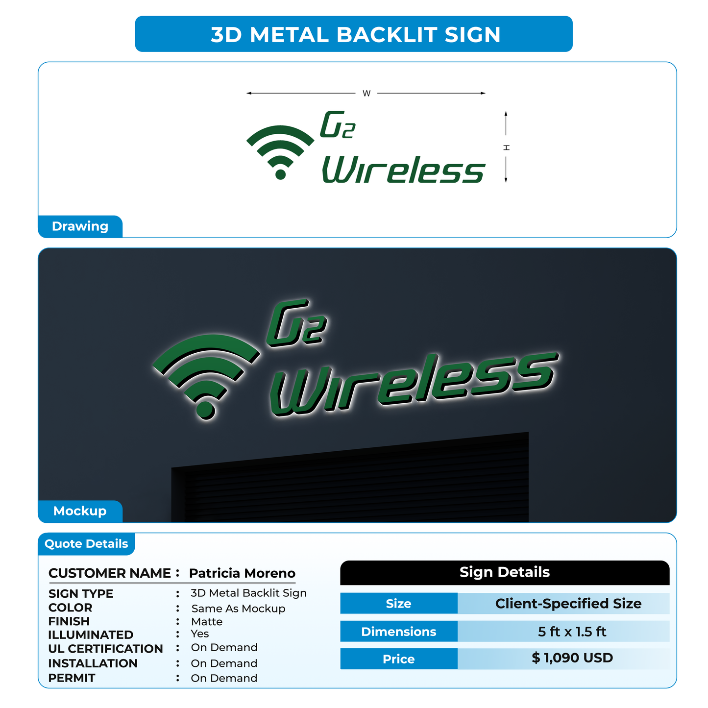 3D Metal Back-lit Sign For Patricia Moreno