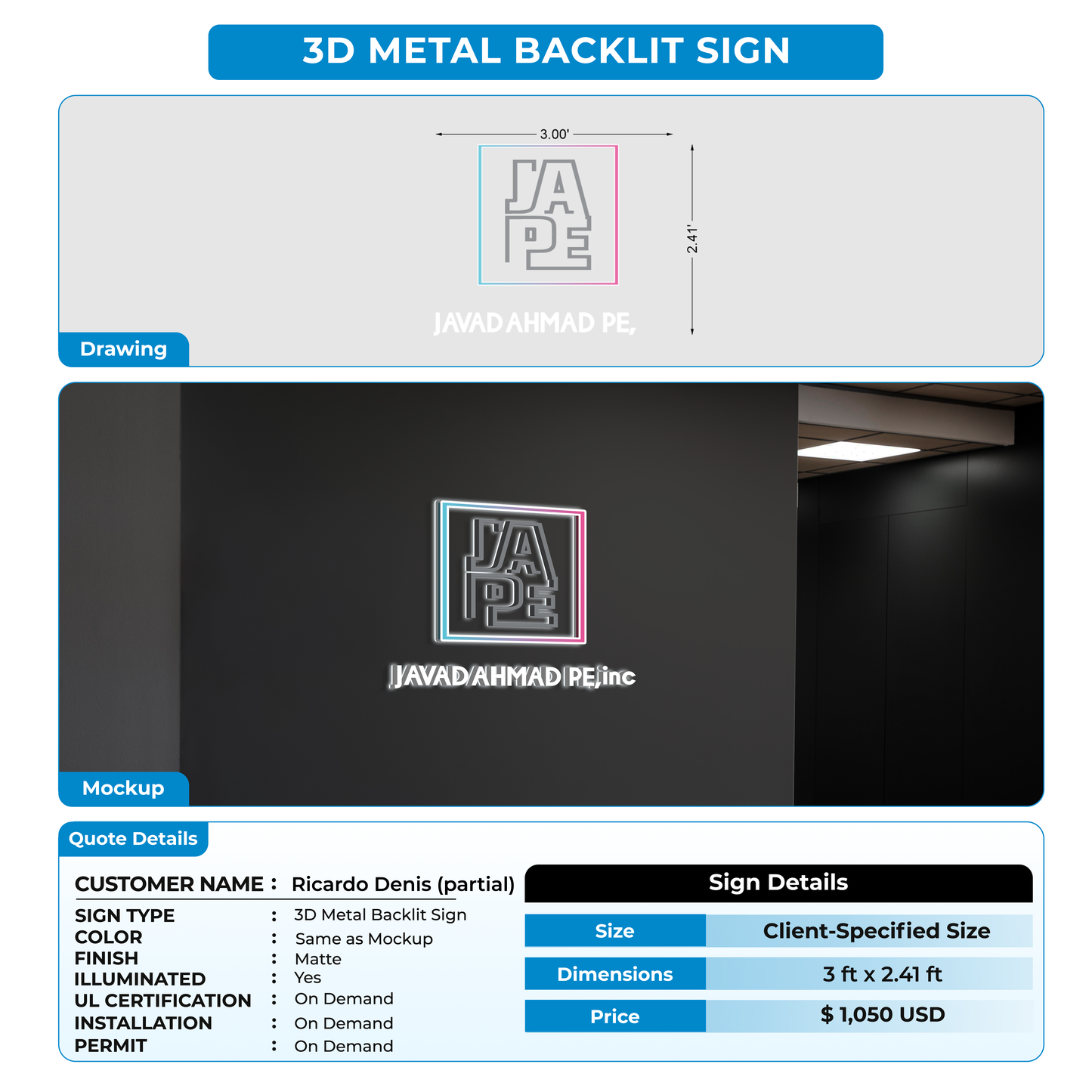 3D Metal Back-lit Sign For Ricardo Denis