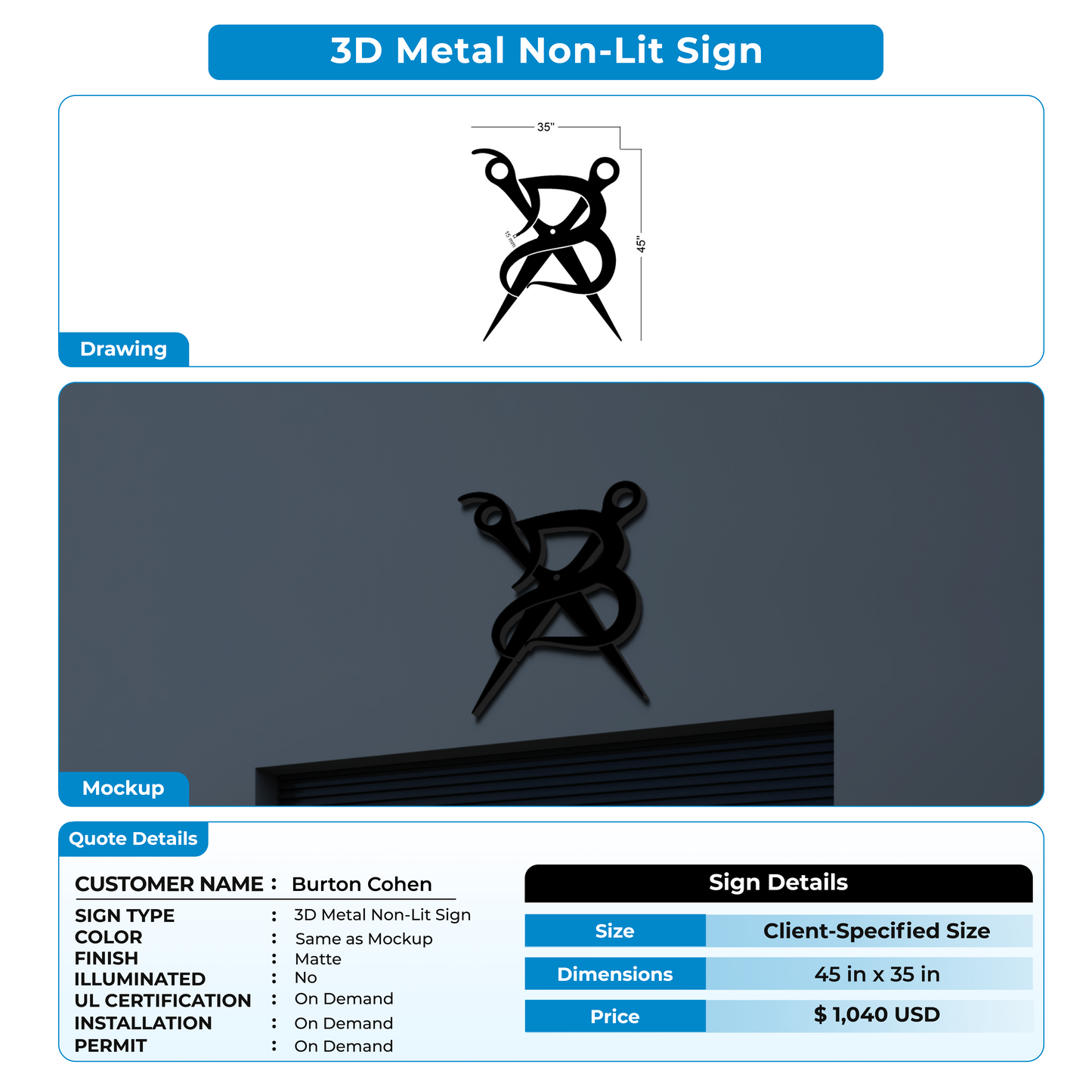 3D Metal Non-Lit Sign For Burton Cohen