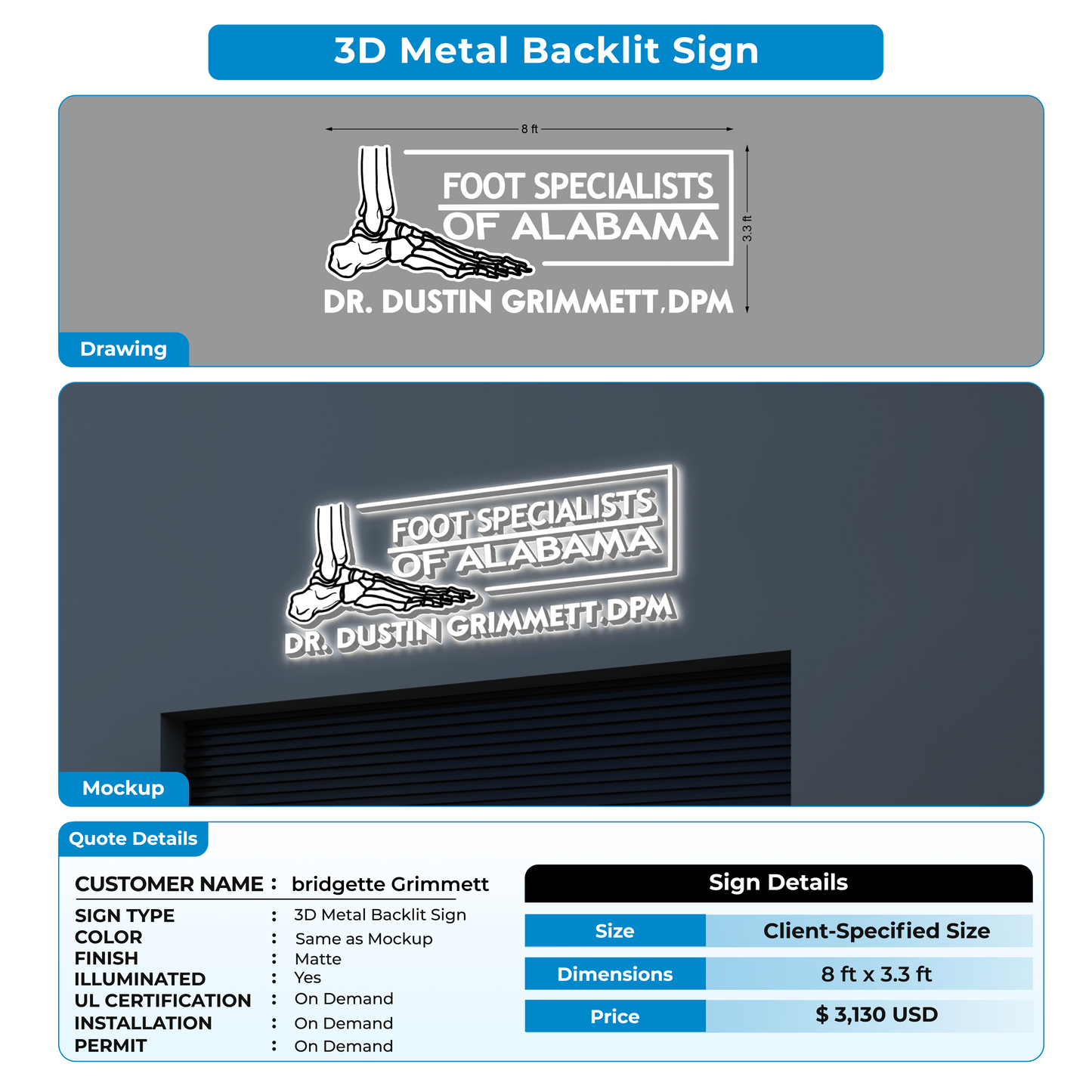 3D Metal Back-lit Sign For bridgette Grimmett
