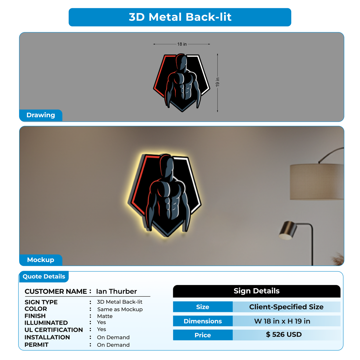 3D METAL BACK-LIT SIGN FOR Ian Thurber