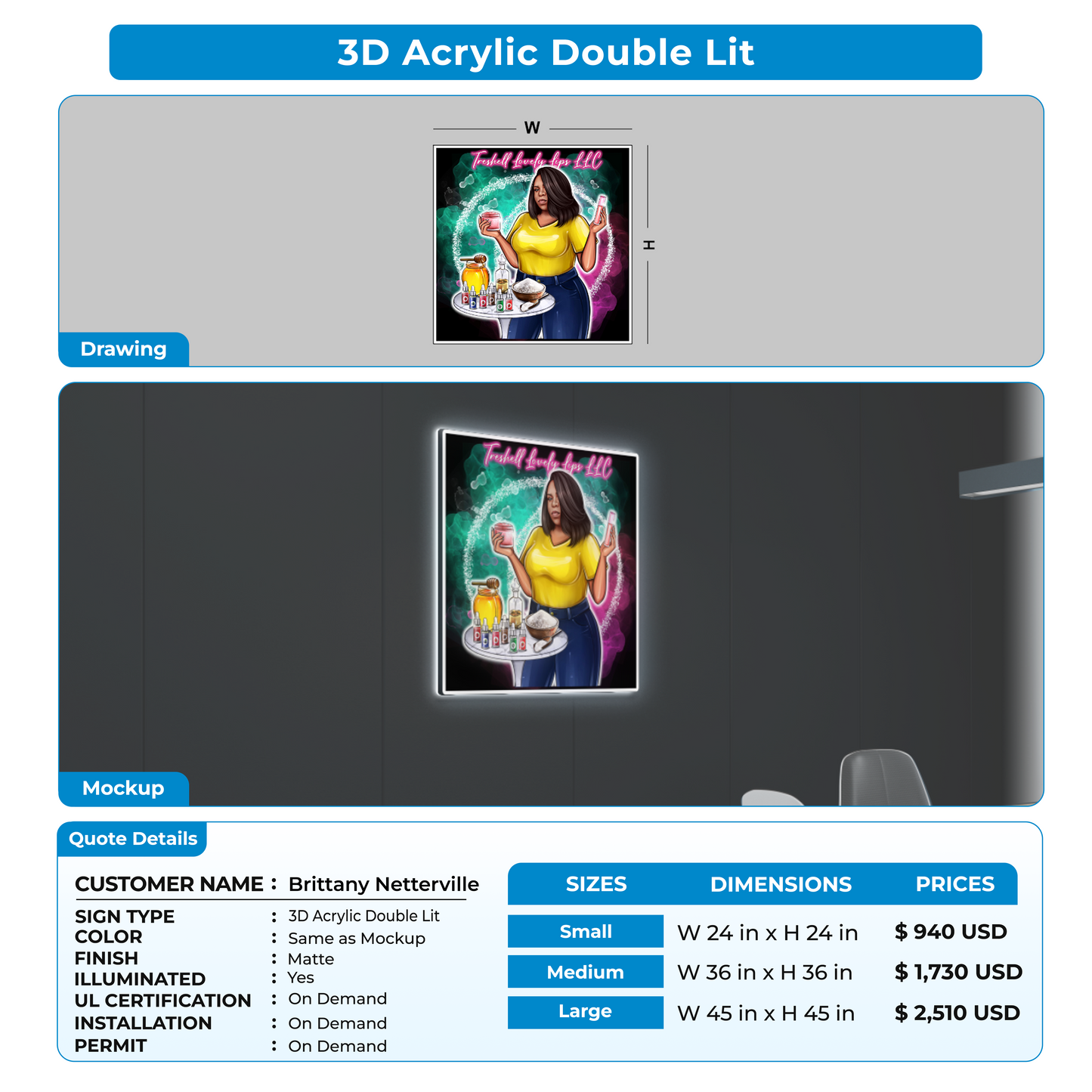3D Acrylic Double Lit Sign For Brittany Netterville