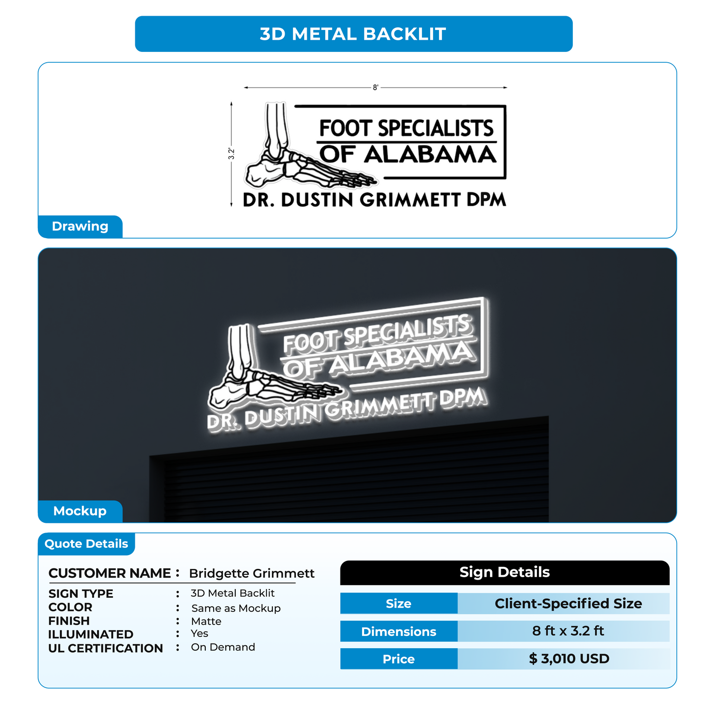 3D Metal Back-lit Sign For Bridgette Grimmett