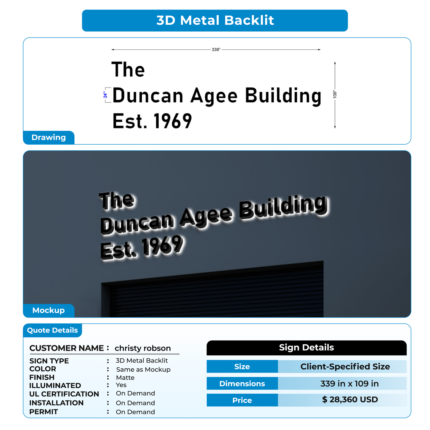 3D metal backlit sign for christy robson