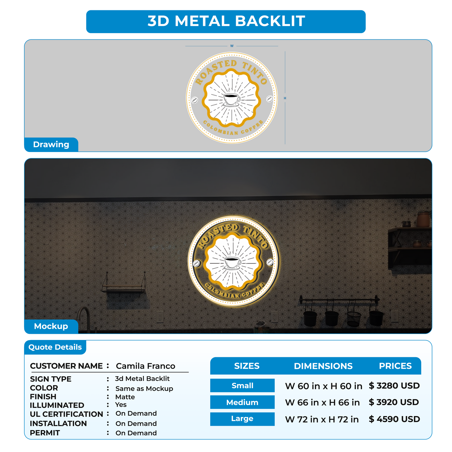 3D Metal backlit Sign For Camila Franco