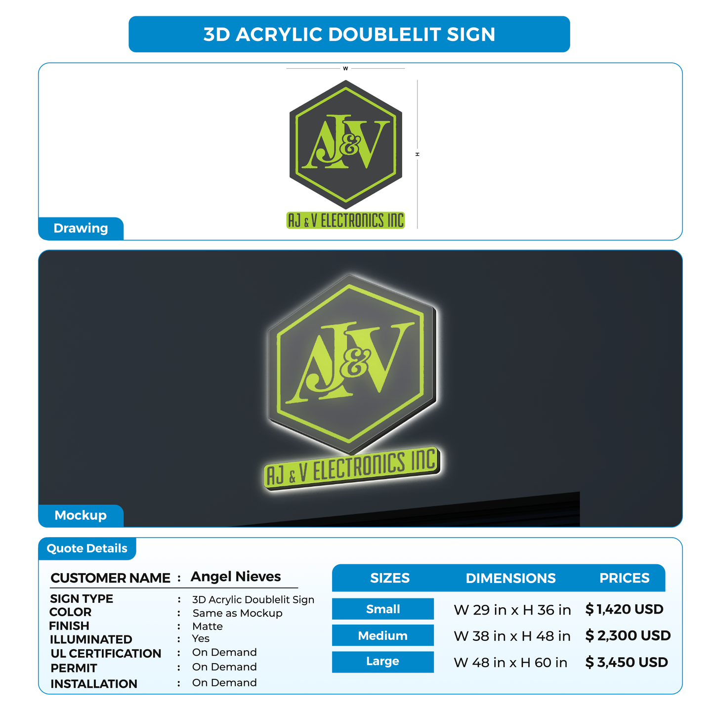 3d acrylic doublelit sign for Angel Nieves