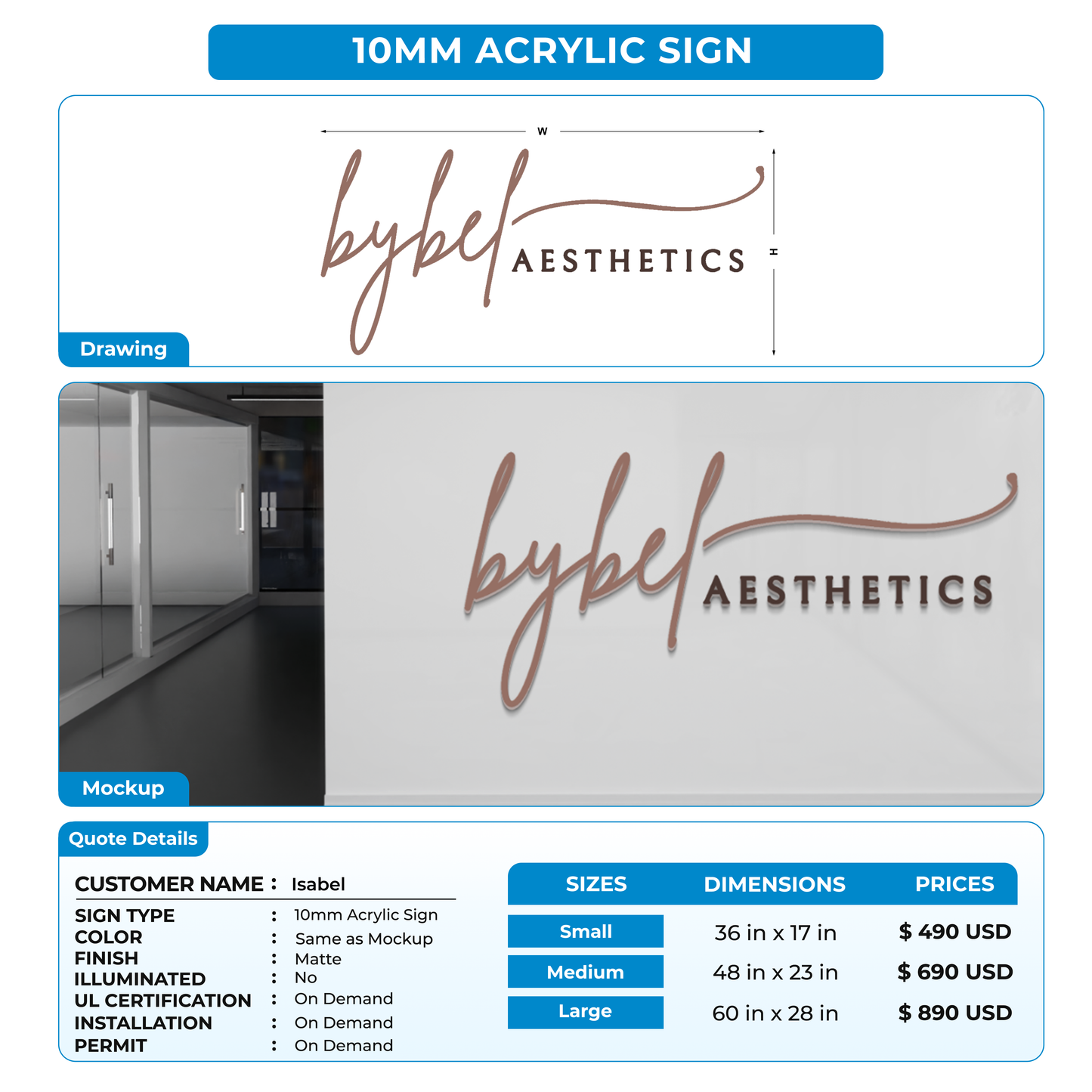 10mm acrylic sign for Isabel