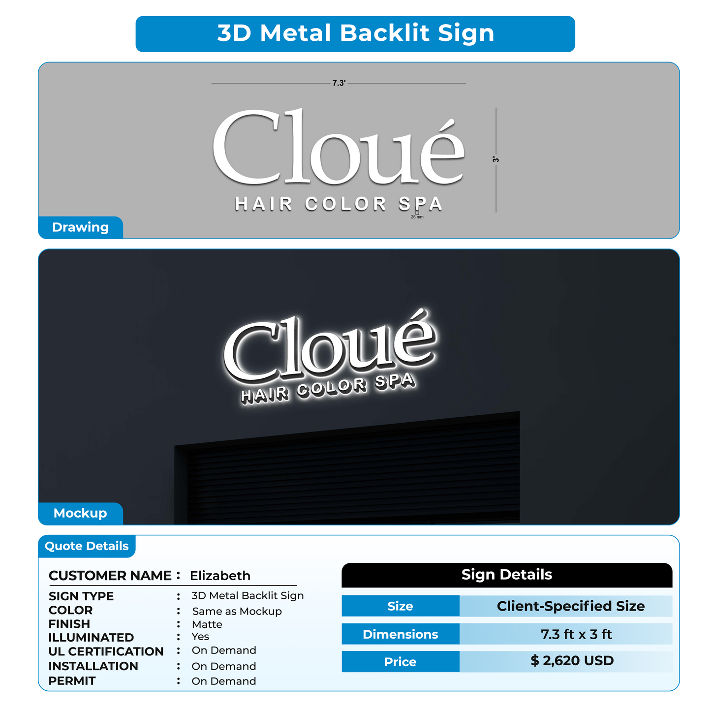 3D Metal Backlit Sign For Elizabeth