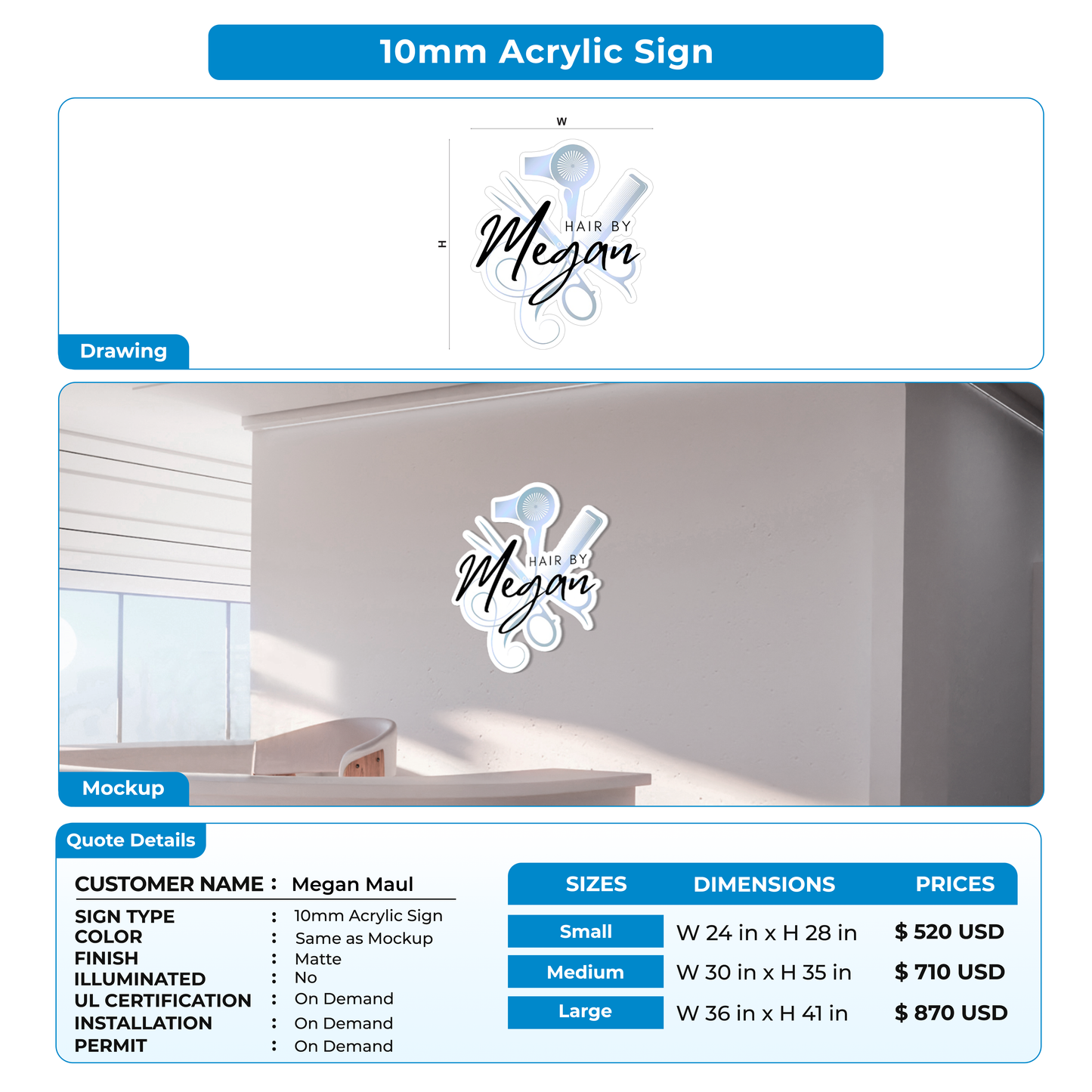 10mm Acrylic Sign for Megan Maul