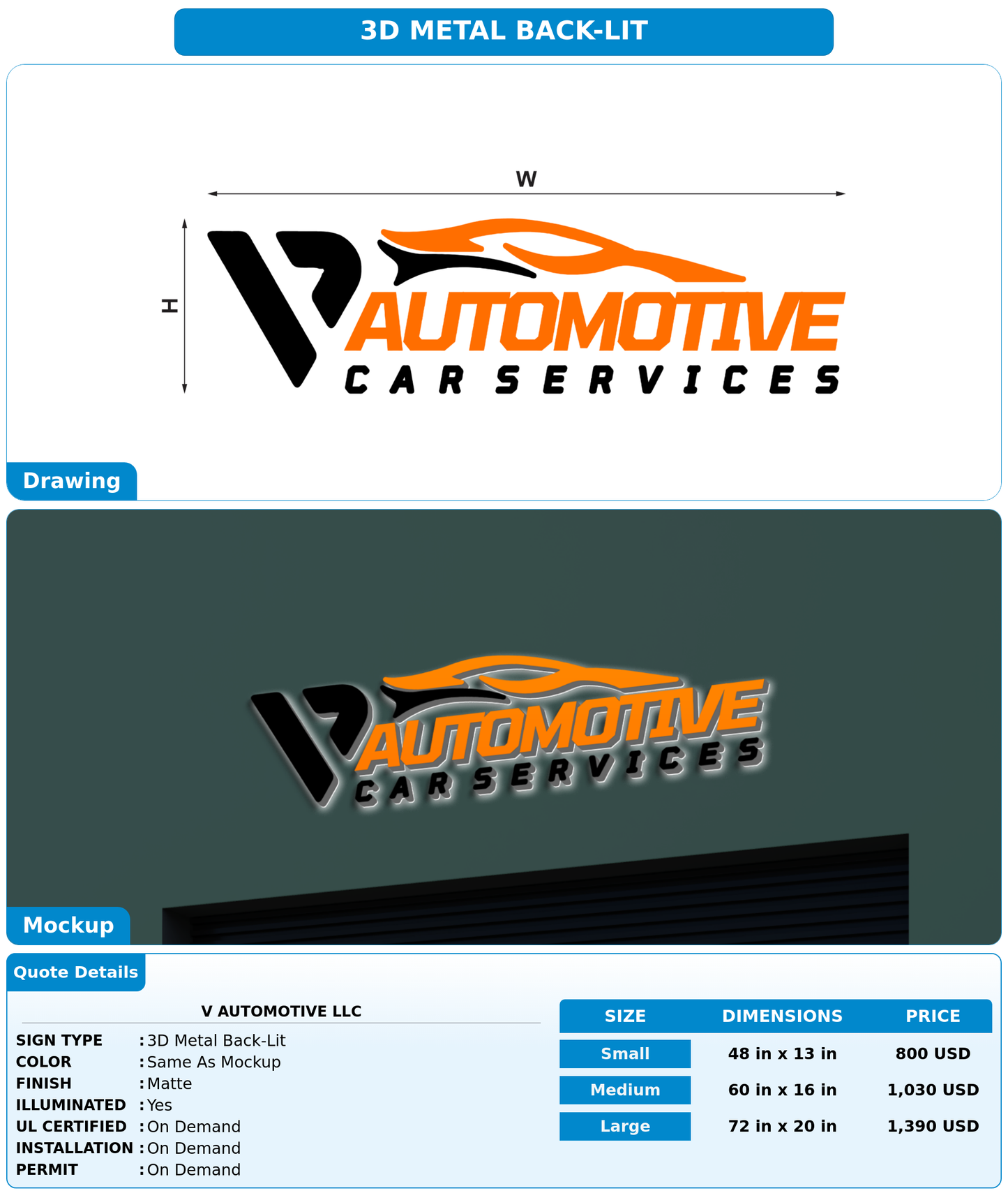CUSTOM MOCKUP SIGN FOR V Automotive LLC